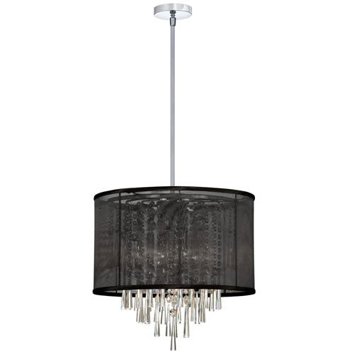 Six-Light Crystal Pendant with Black Organza Drum Shade