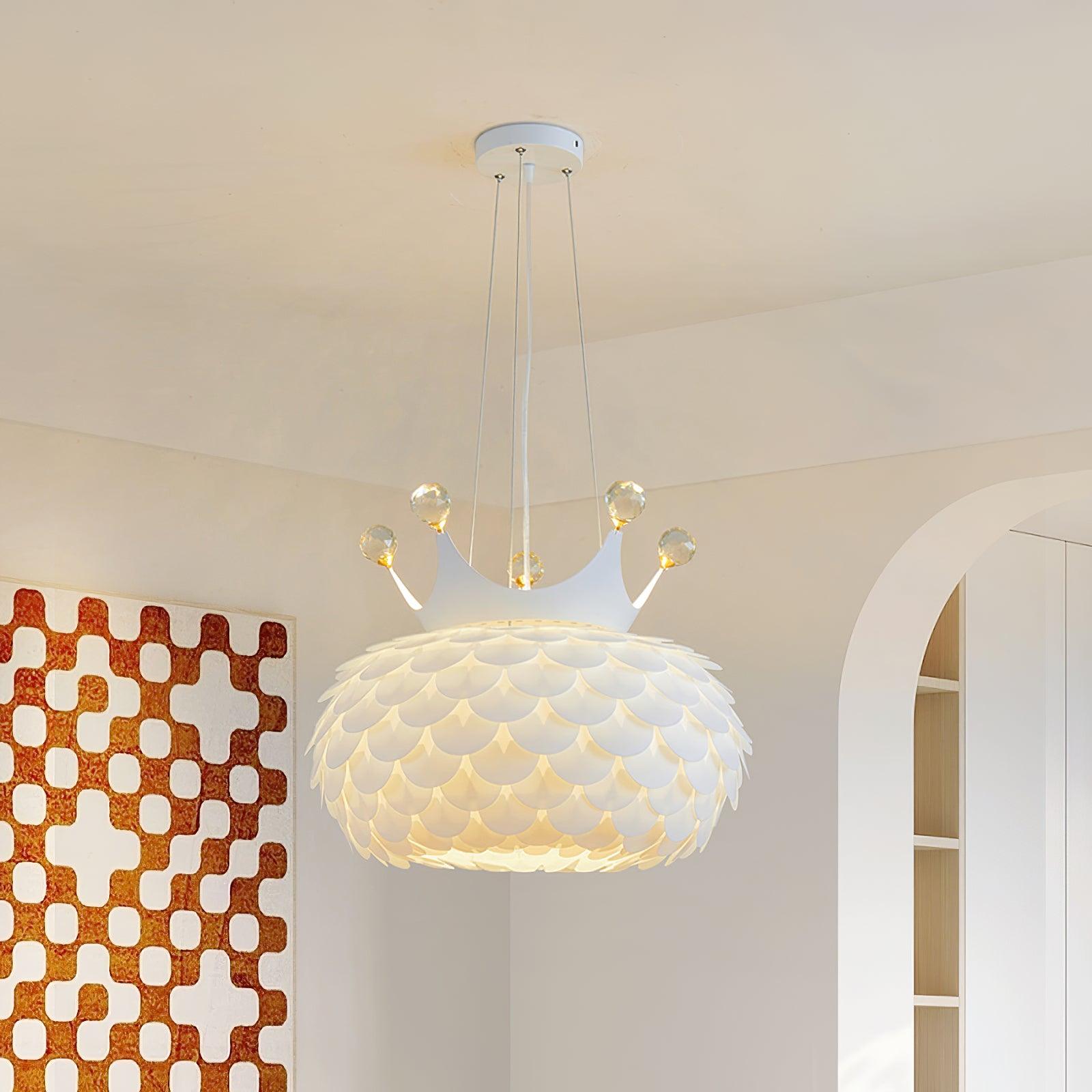 Side view of crystal pendant light for scale and shape reference