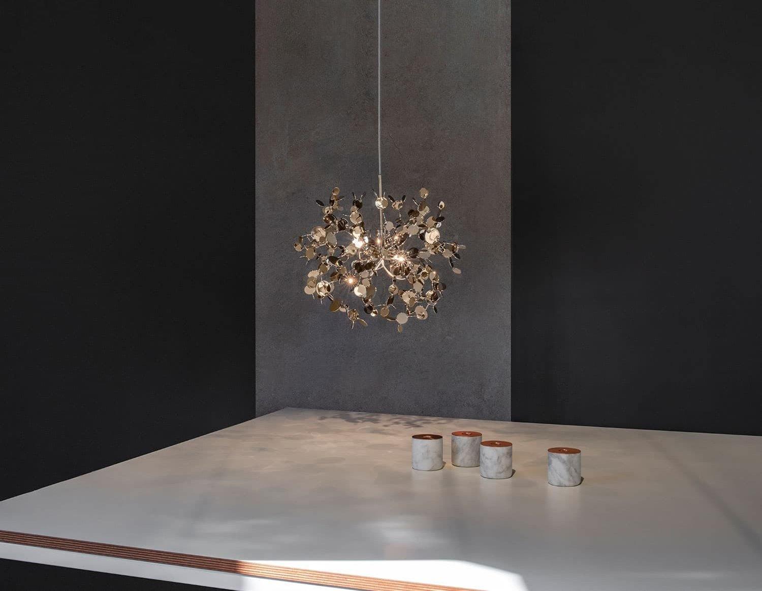 Side view of nickel chandelier for scale and shape reference