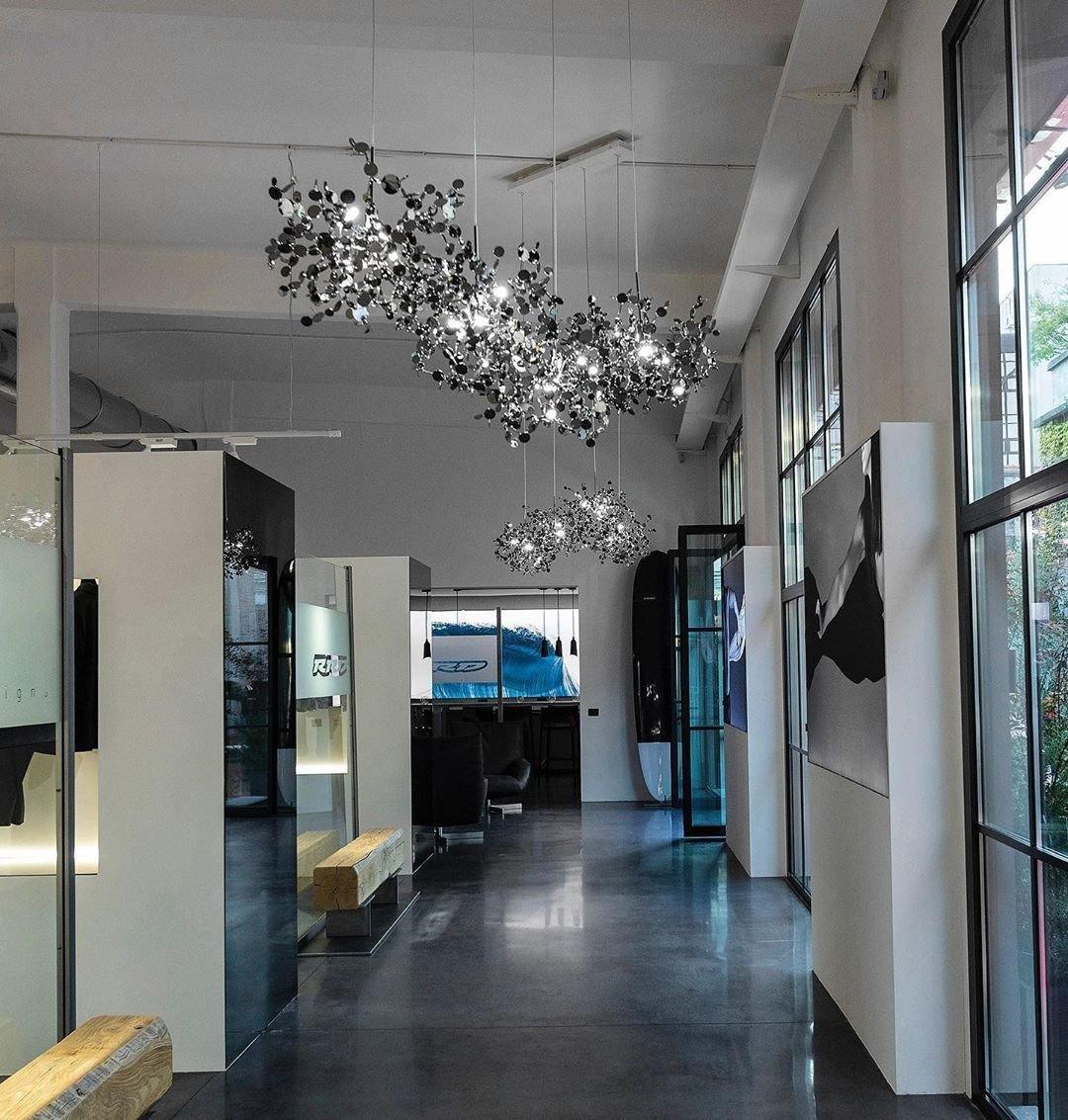 Side view of nickel chandelier for scale and shape reference