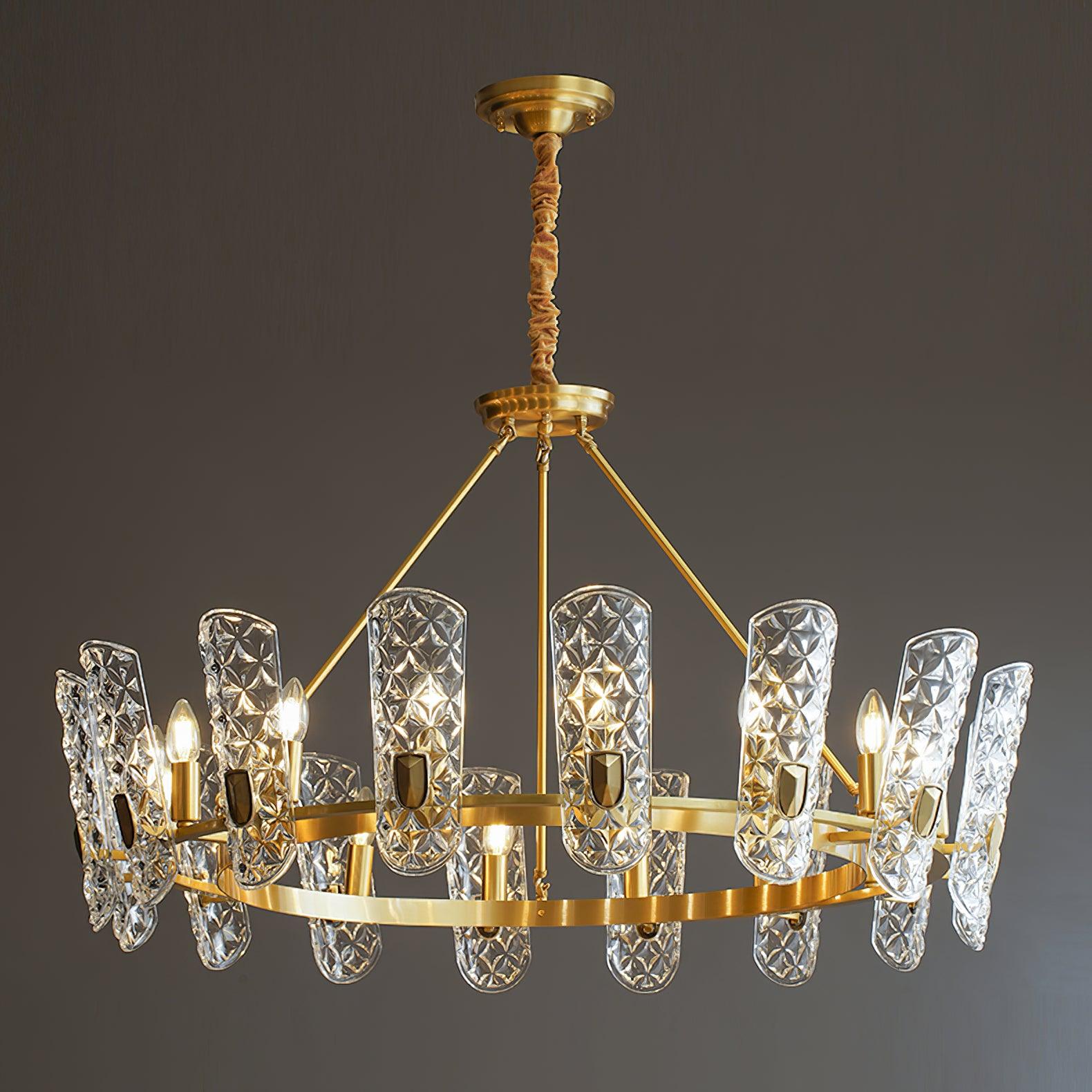 Side view of glass chandelier for scale and shape reference