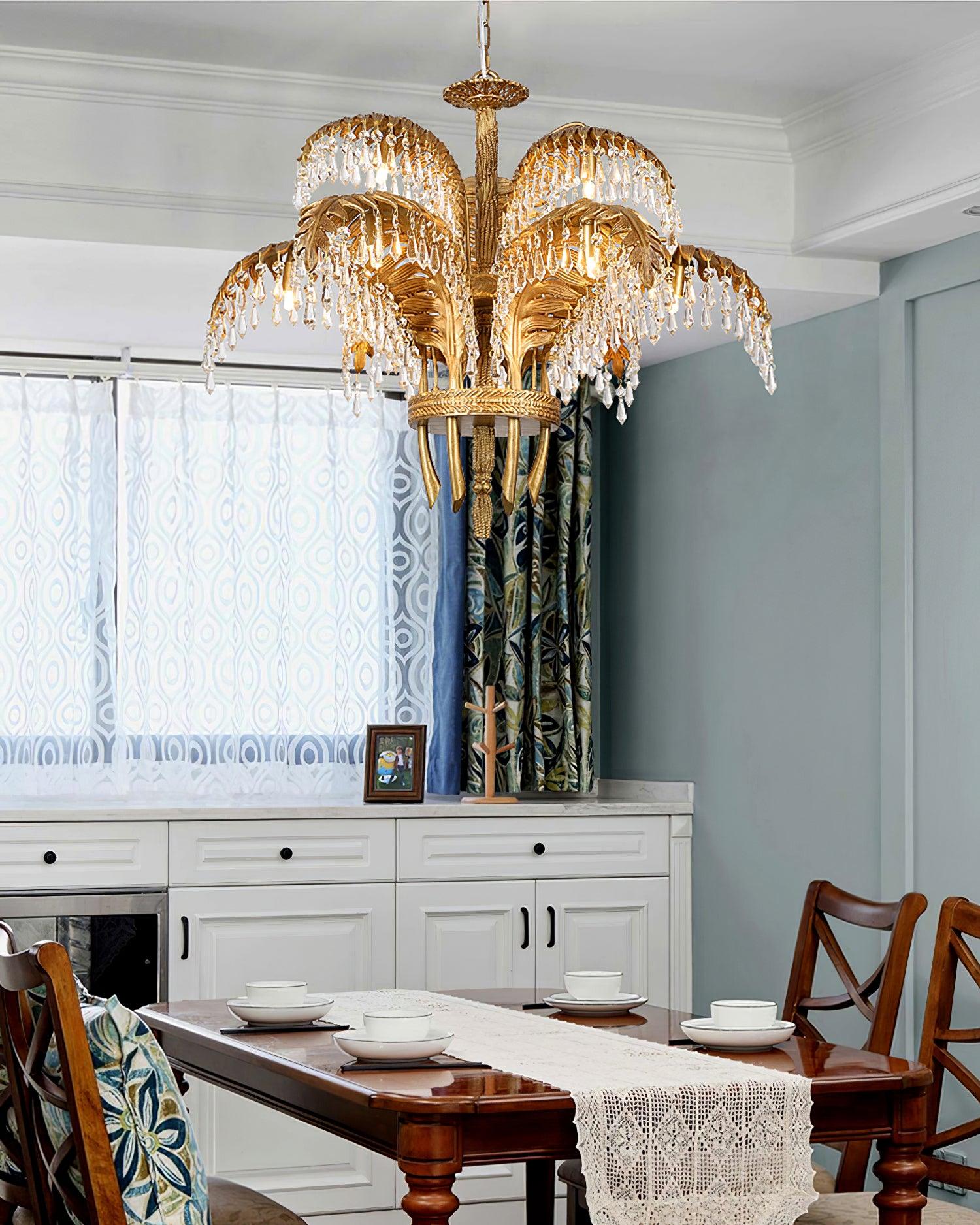 Brass Palm Leaf Crystal Chandelier 27.6