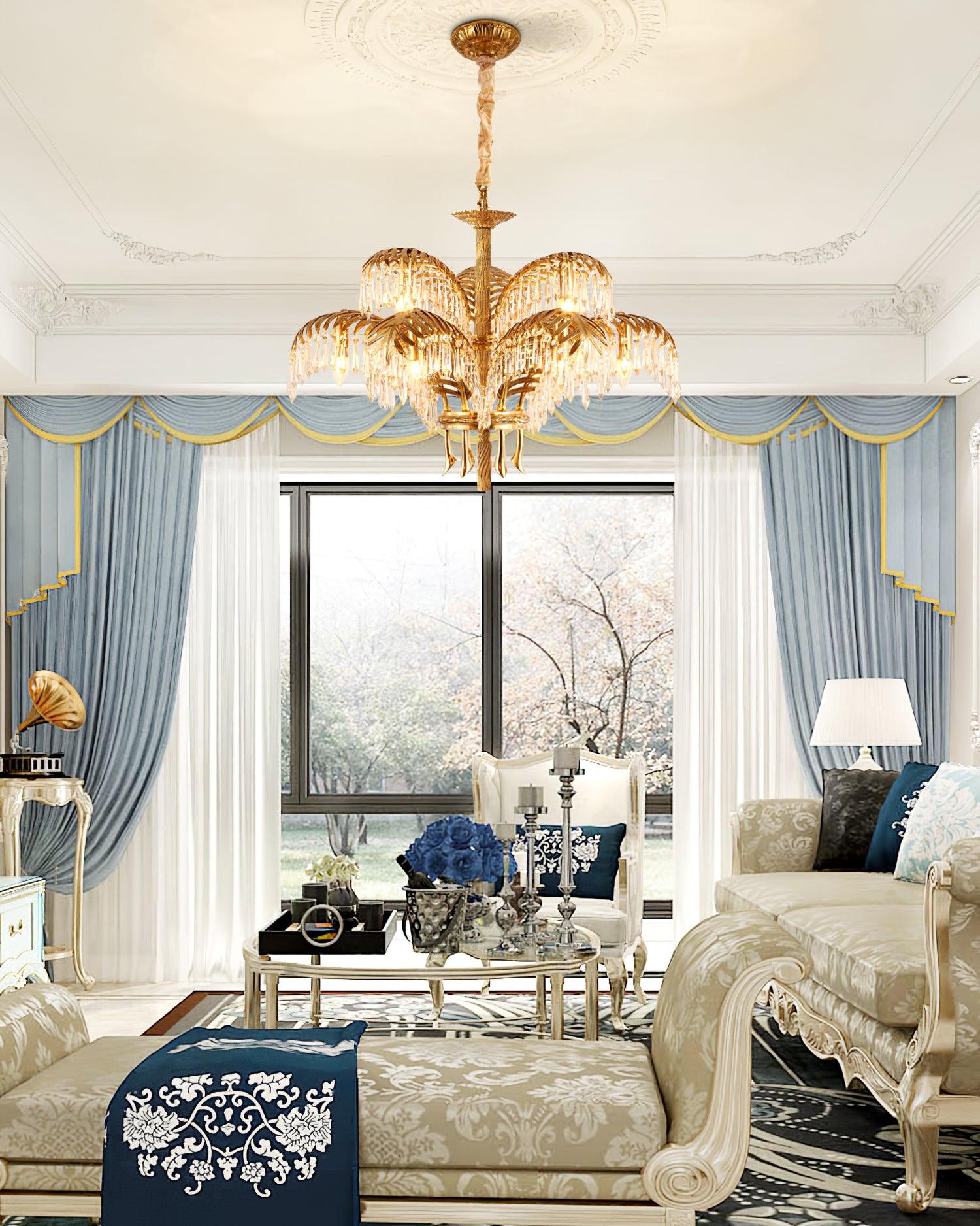 Brass Palm Leaf Crystal Chandelier 27.6