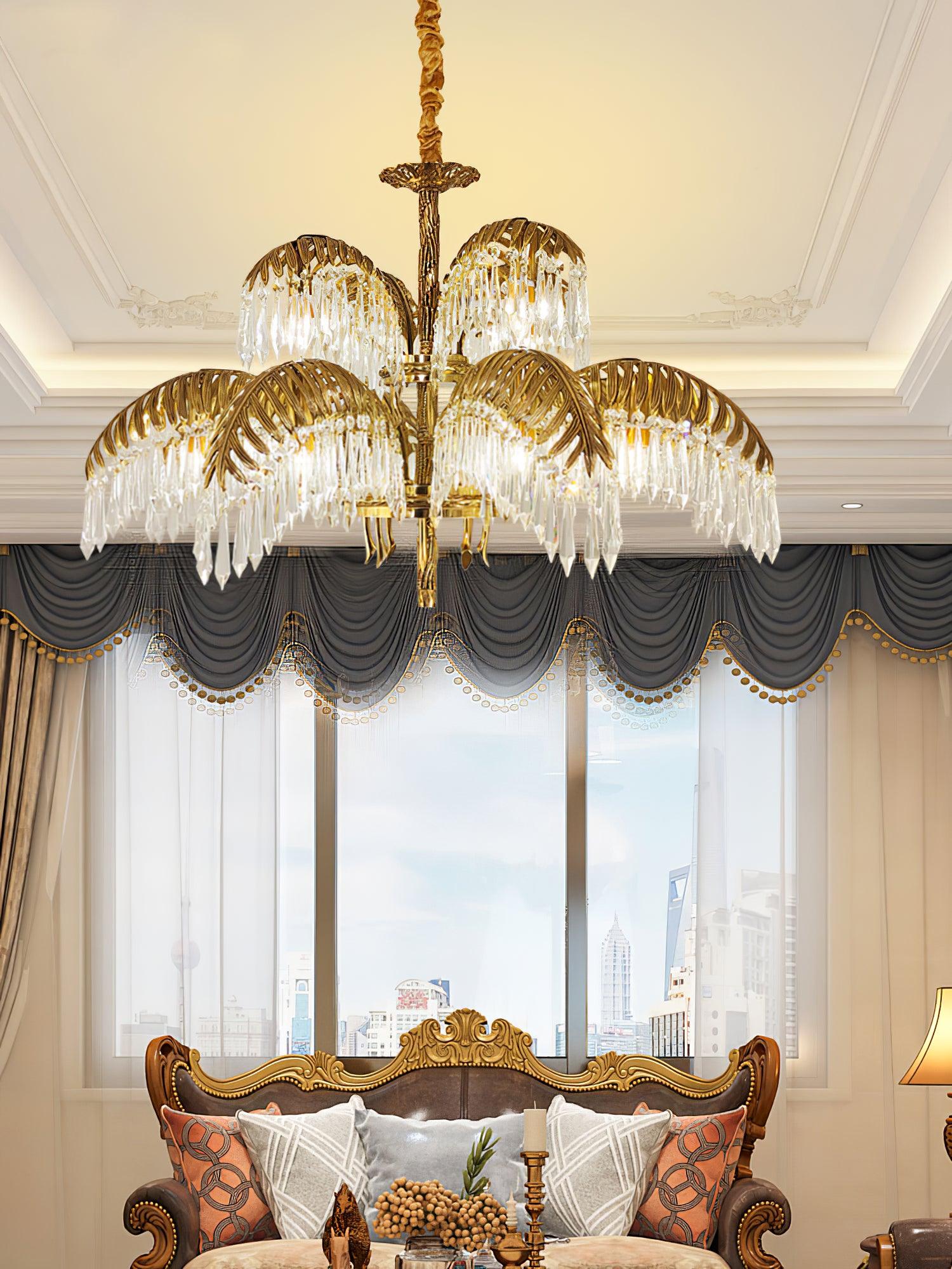 Brass Palm Leaf Crystal Chandelier 27.6