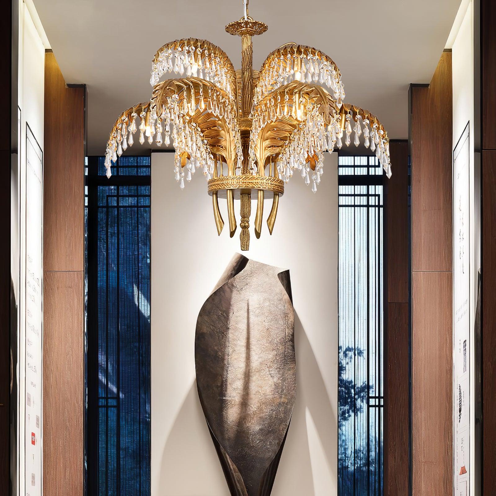 Brass Palm Leaf Crystal Chandelier 27.6