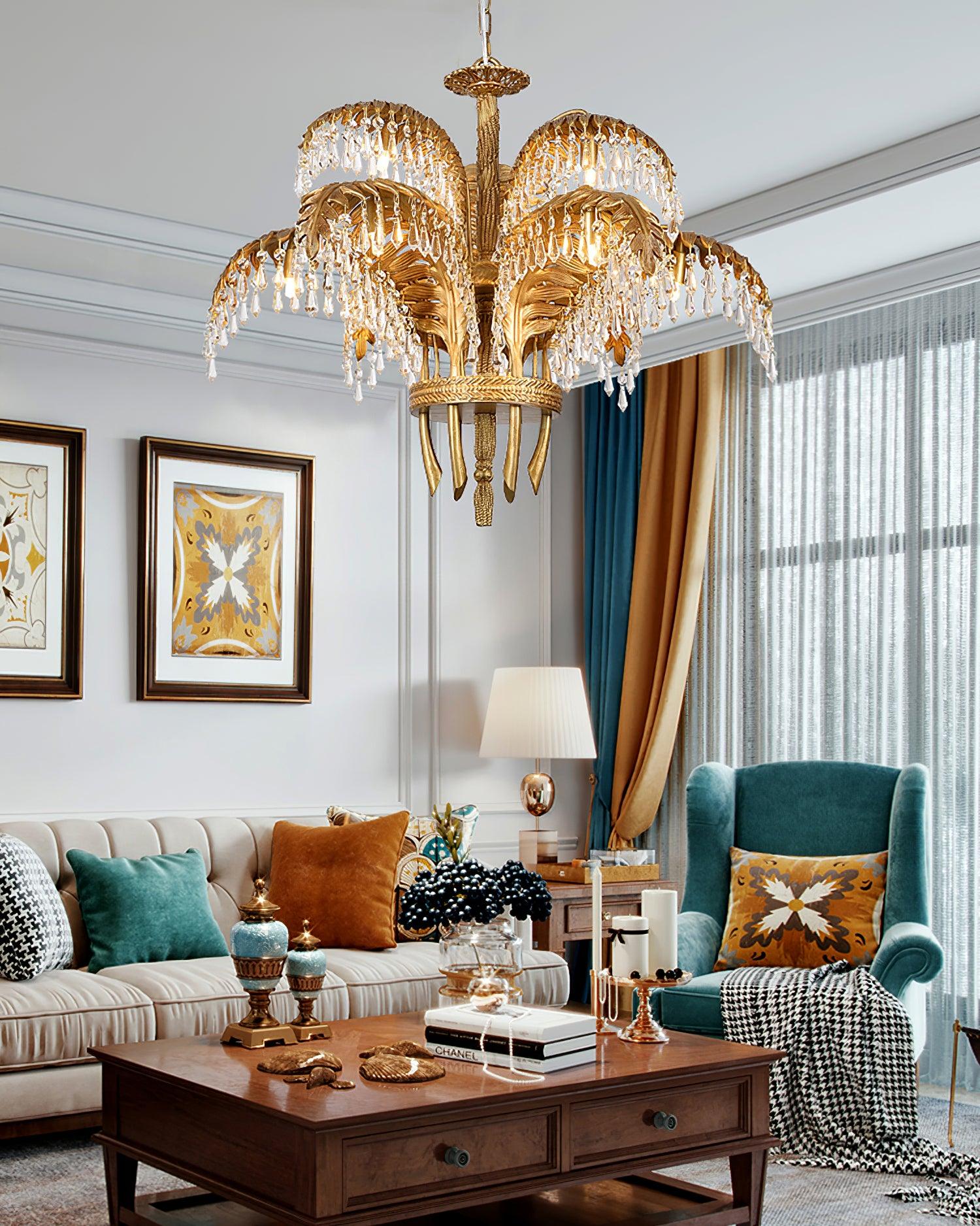 Brass Palm Leaf Crystal Chandelier 27.6