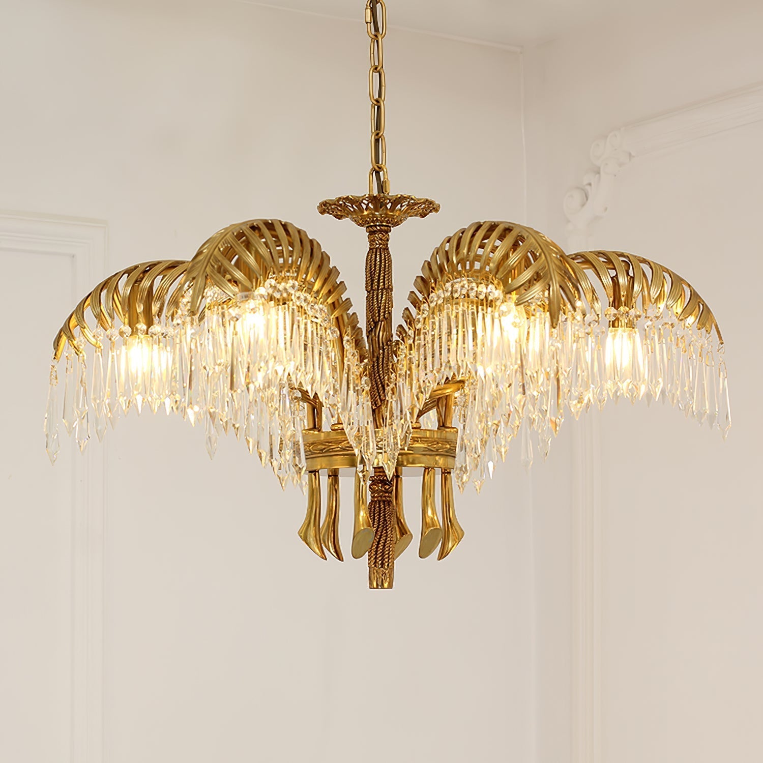 Brass Palm Leaf Crystal Chandelier detail view 22
