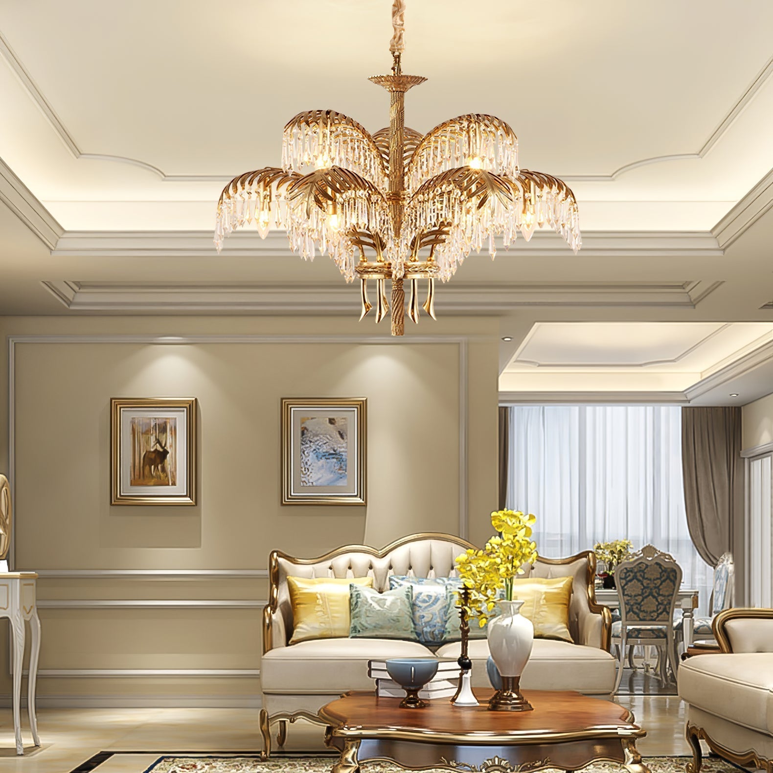 Brass Palm Leaf Crystal Chandelier detail view 8