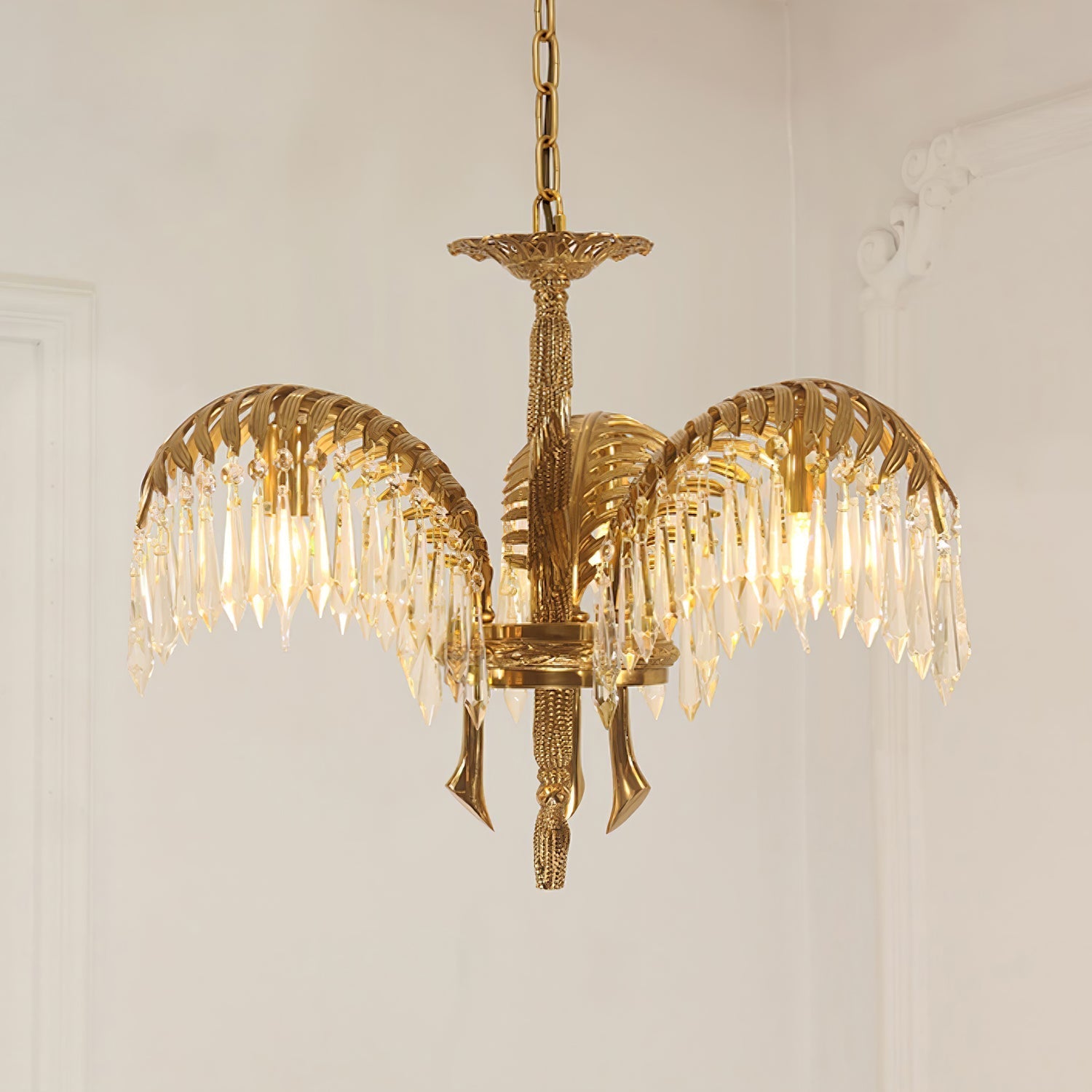Brass Palm Leaf Crystal Chandelier detail view 30