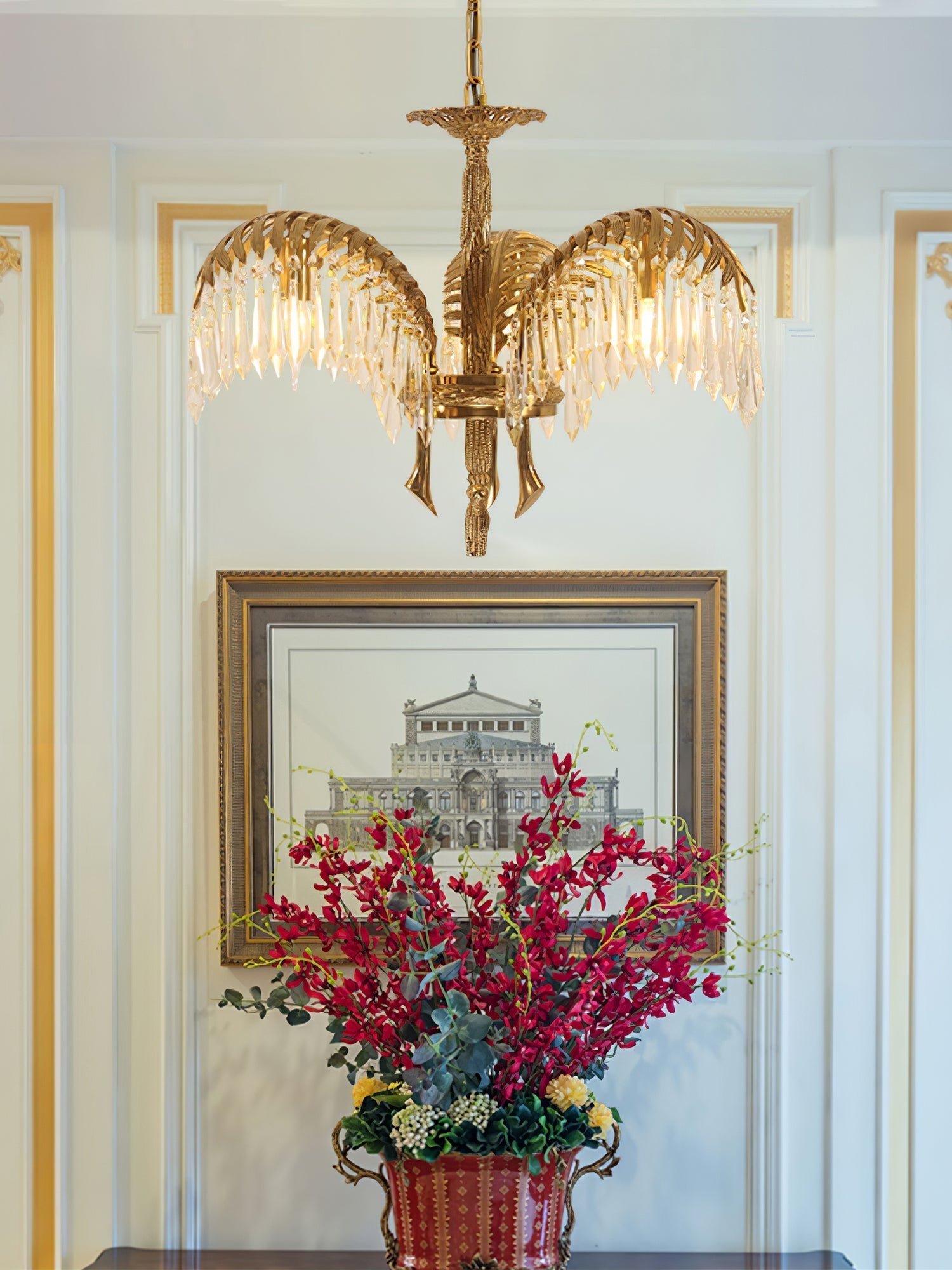 Brass Palm Leaf Crystal Chandelier detail view 12