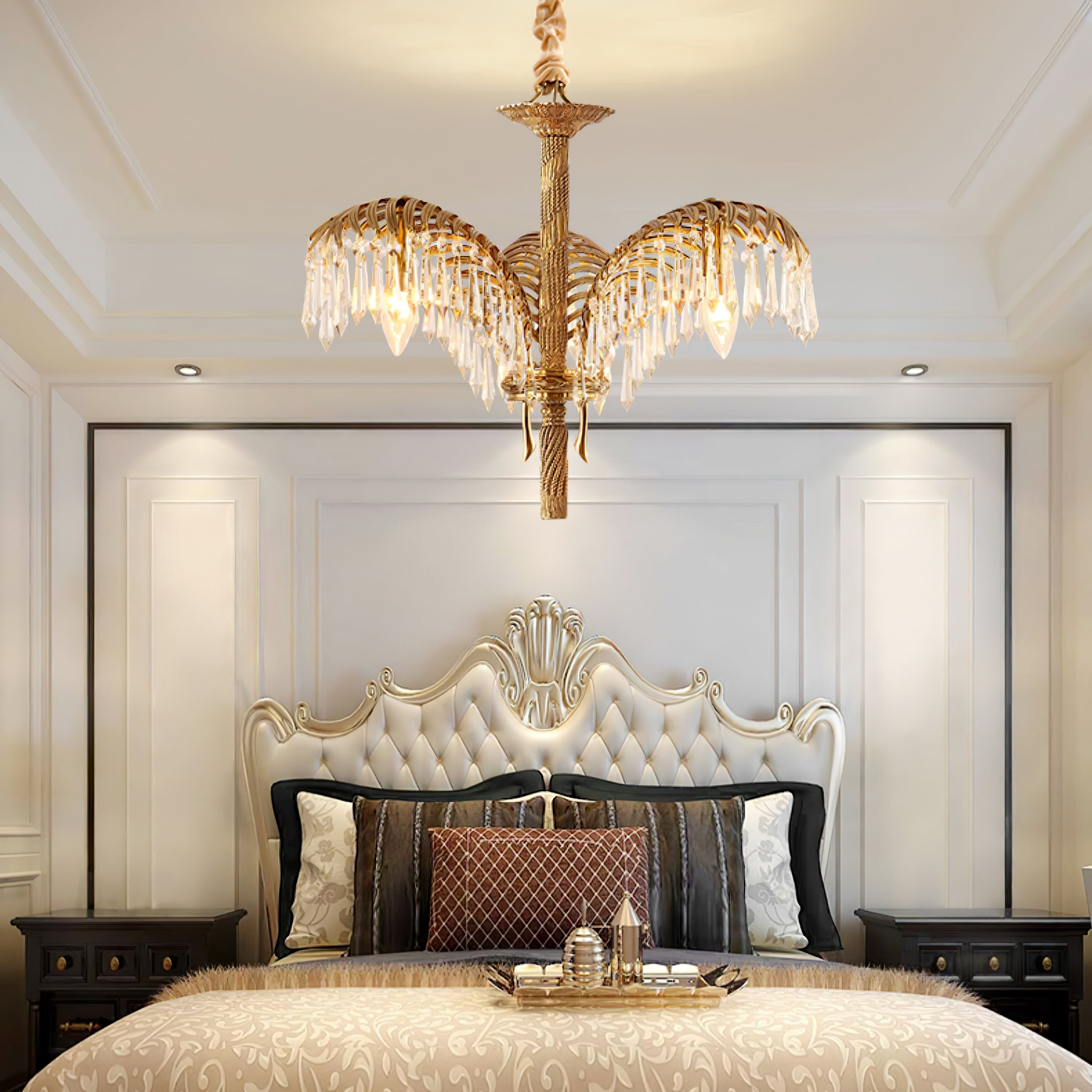 Brass Palm Leaf Crystal Chandelier detail view 9