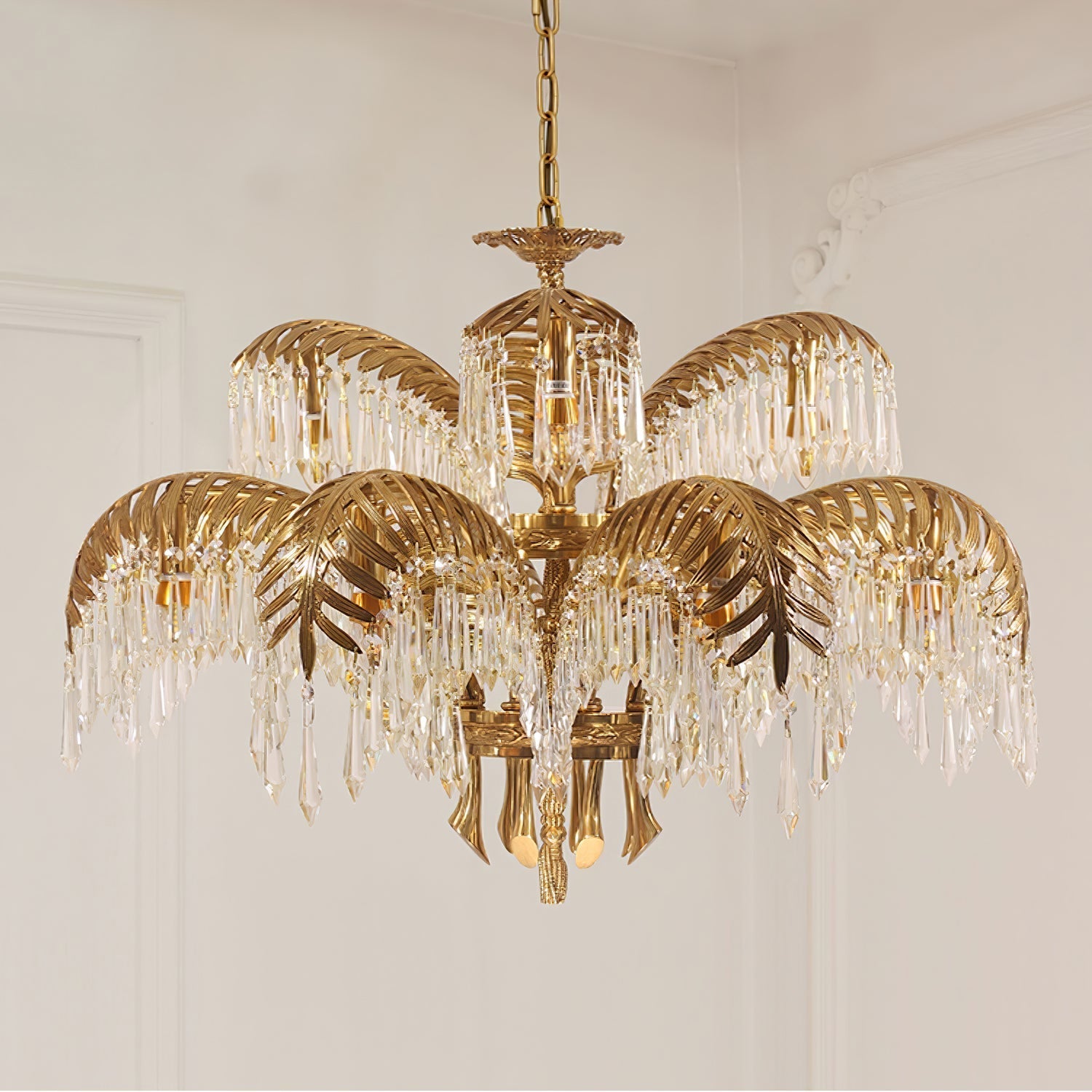 Brass Palm Leaf Crystal Chandelier detail view 16
