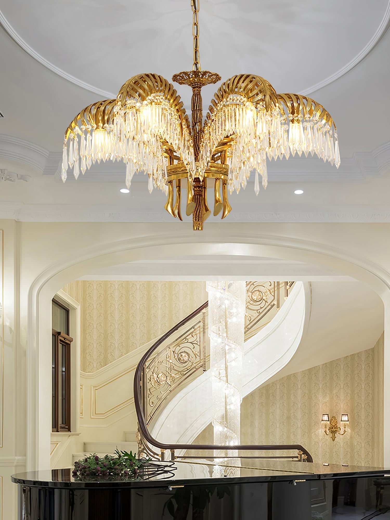 Brass Palm Leaf Crystal Chandelier detail view 13