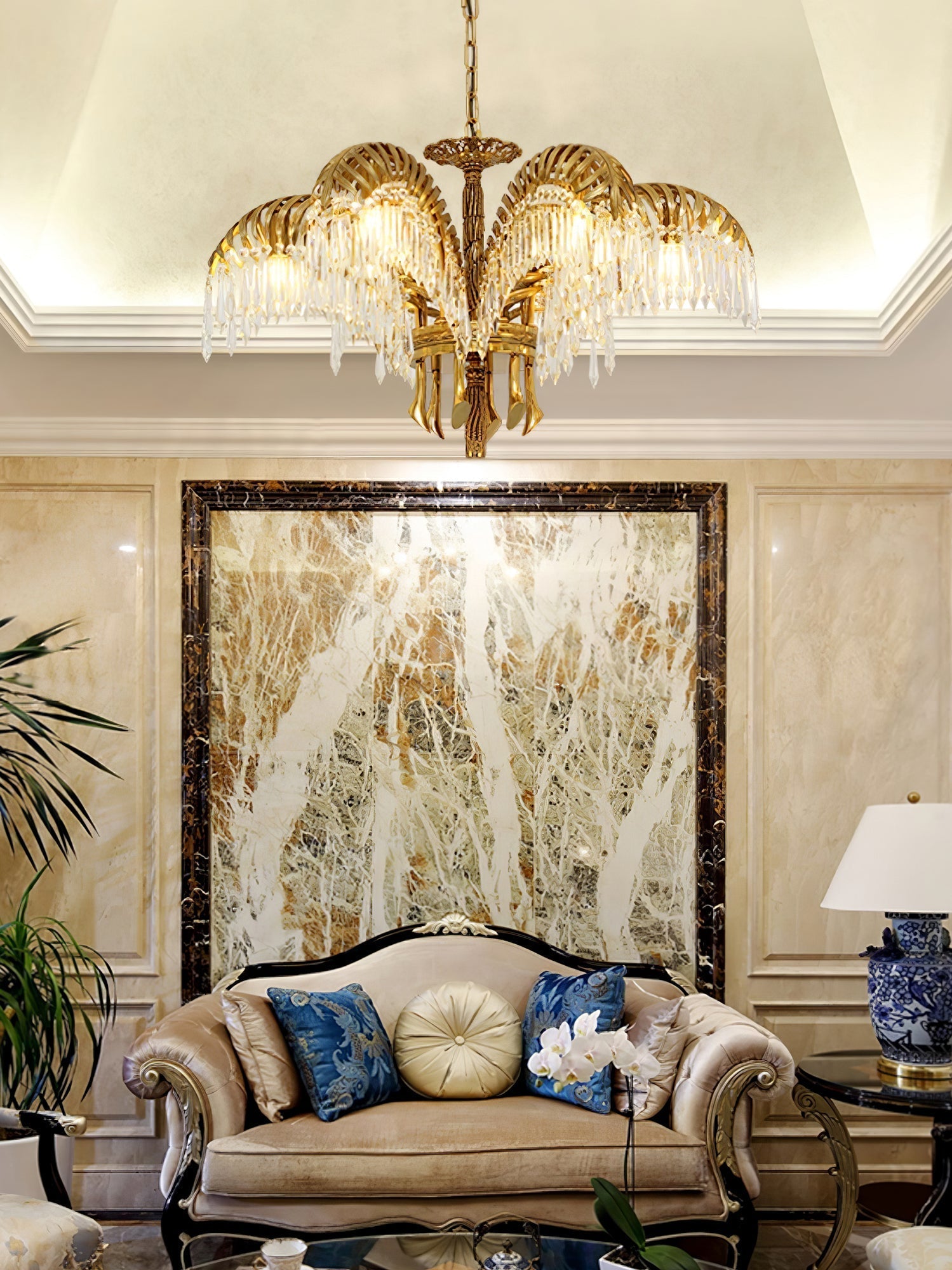Brass Palm Leaf Crystal Chandelier detail view 14