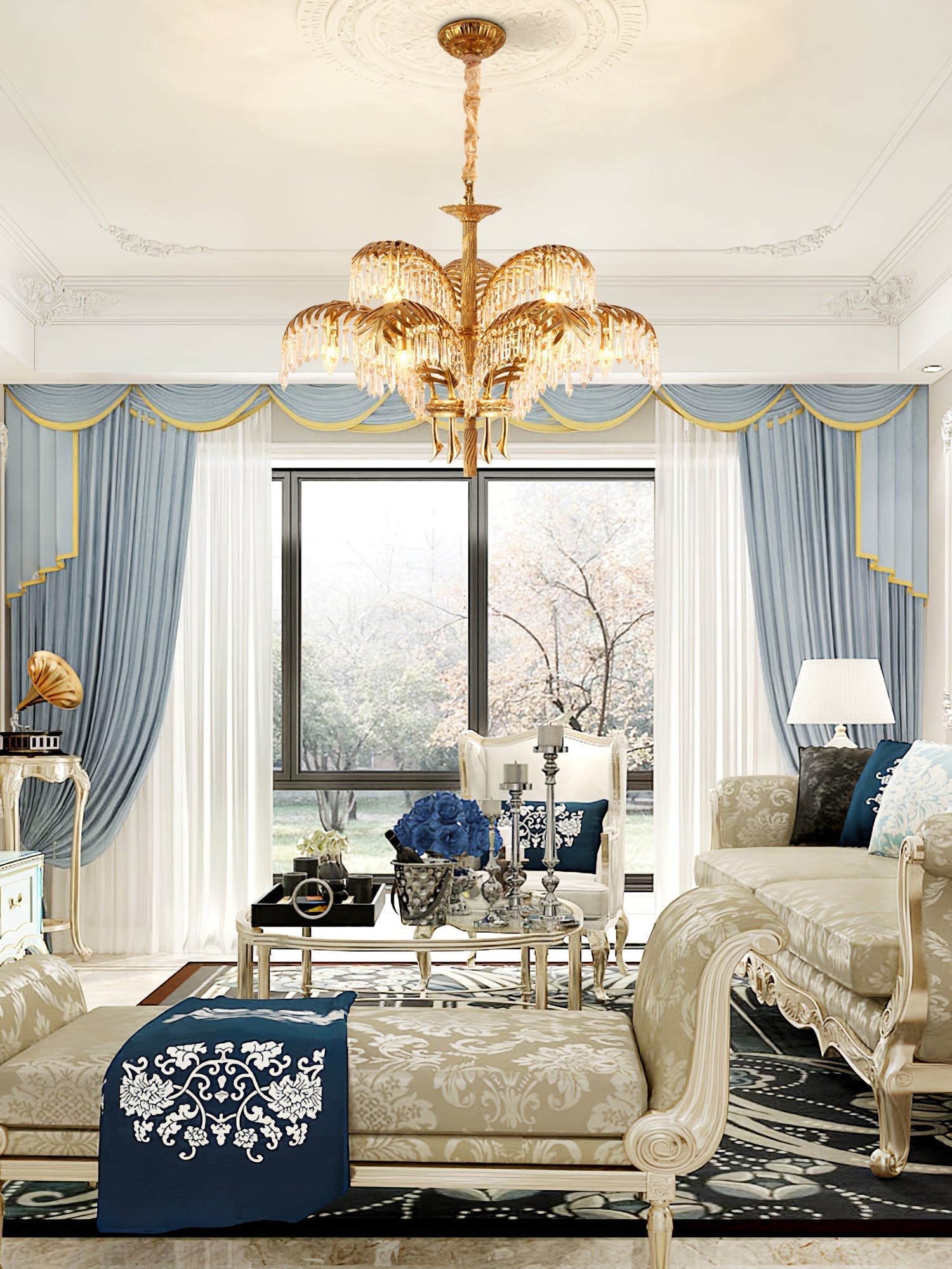 Brass Palm Leaf Crystal Chandelier detail view 10
