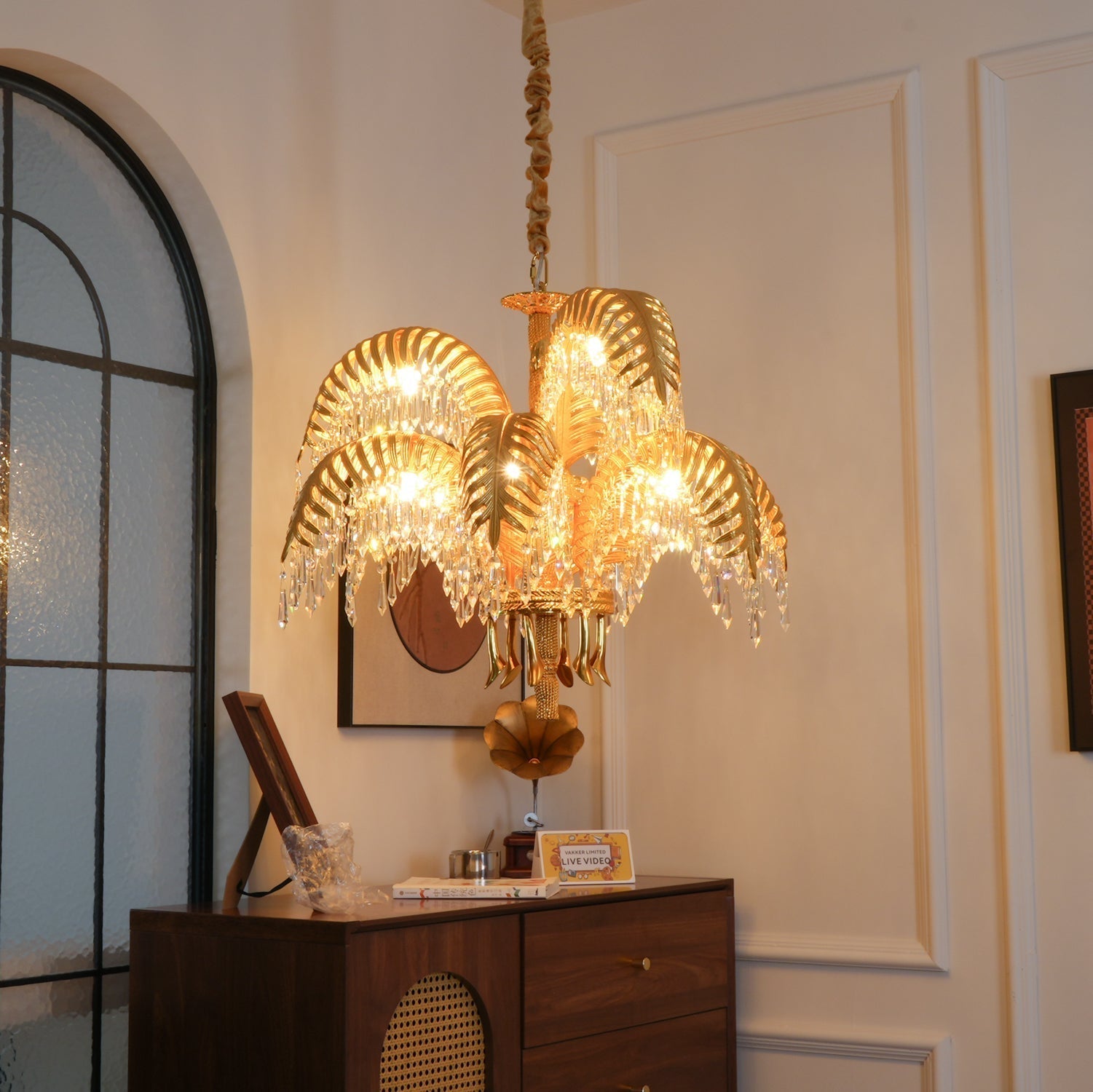 Brass Palm Leaf Crystal Chandelier detail view 63