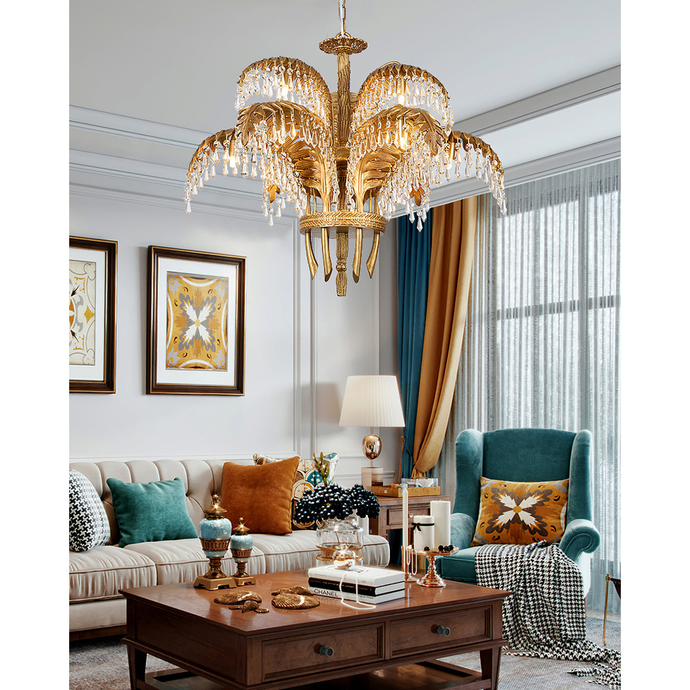 Brass Palm Leaf Crystal Chandelier detail view 52
