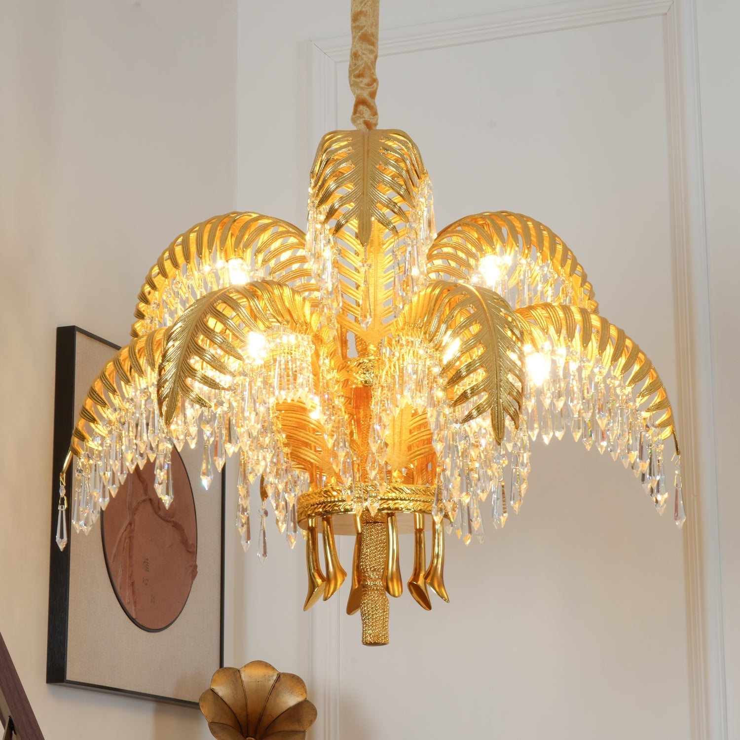 Brass Palm Leaf Crystal Chandelier detail view 7
