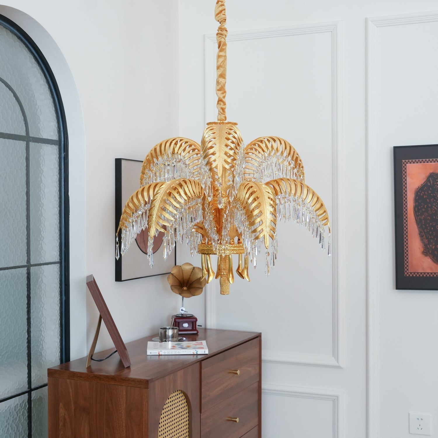 Brass Palm Leaf Crystal Chandelier detail view 4