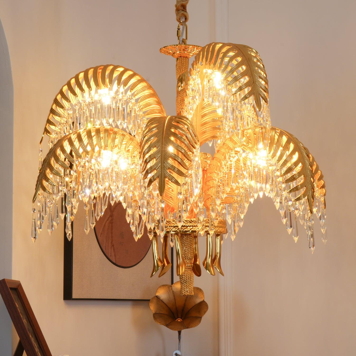 Brass Palm Leaf Crystal Chandelier 27.6