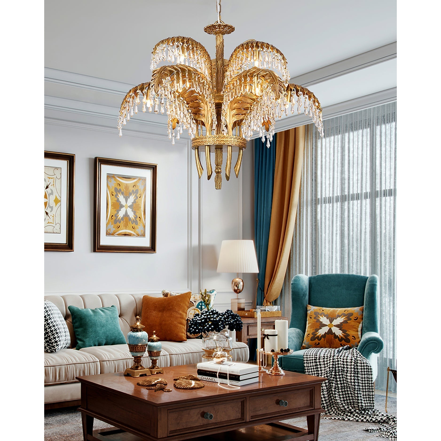 Brass Palm Leaf Crystal Chandelier detail view 56