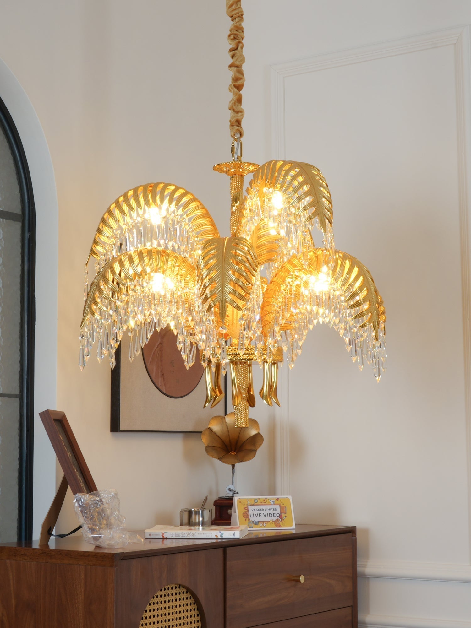 Brass Palm Leaf Crystal Chandelier detail view 65