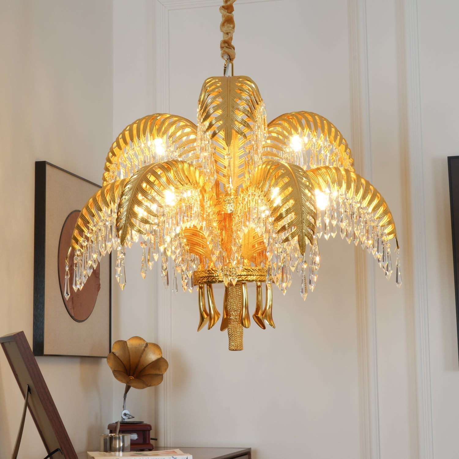 Brass Palm Leaf Crystal Chandelier detail view 6