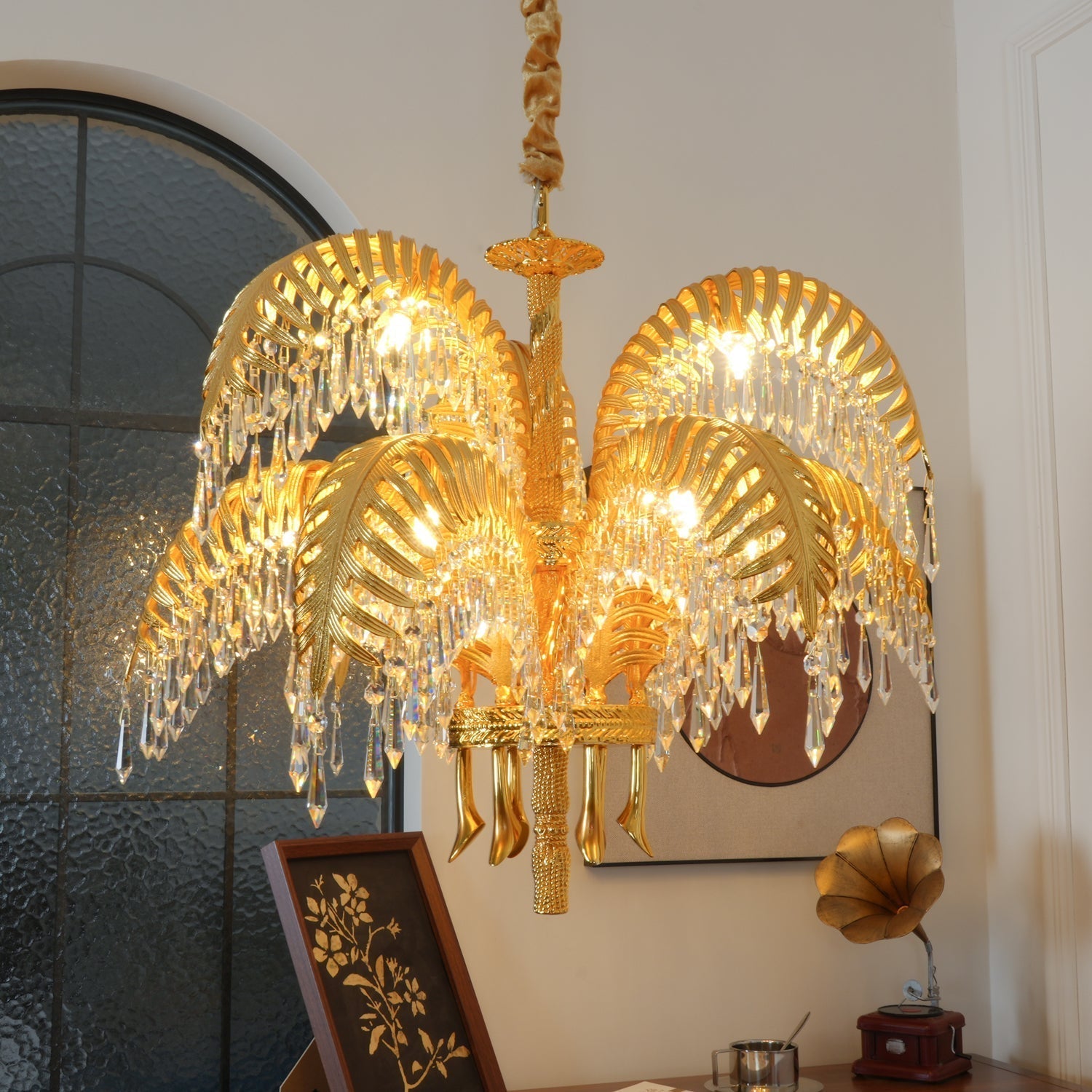Brass Palm Leaf Crystal Chandelier detail view 67