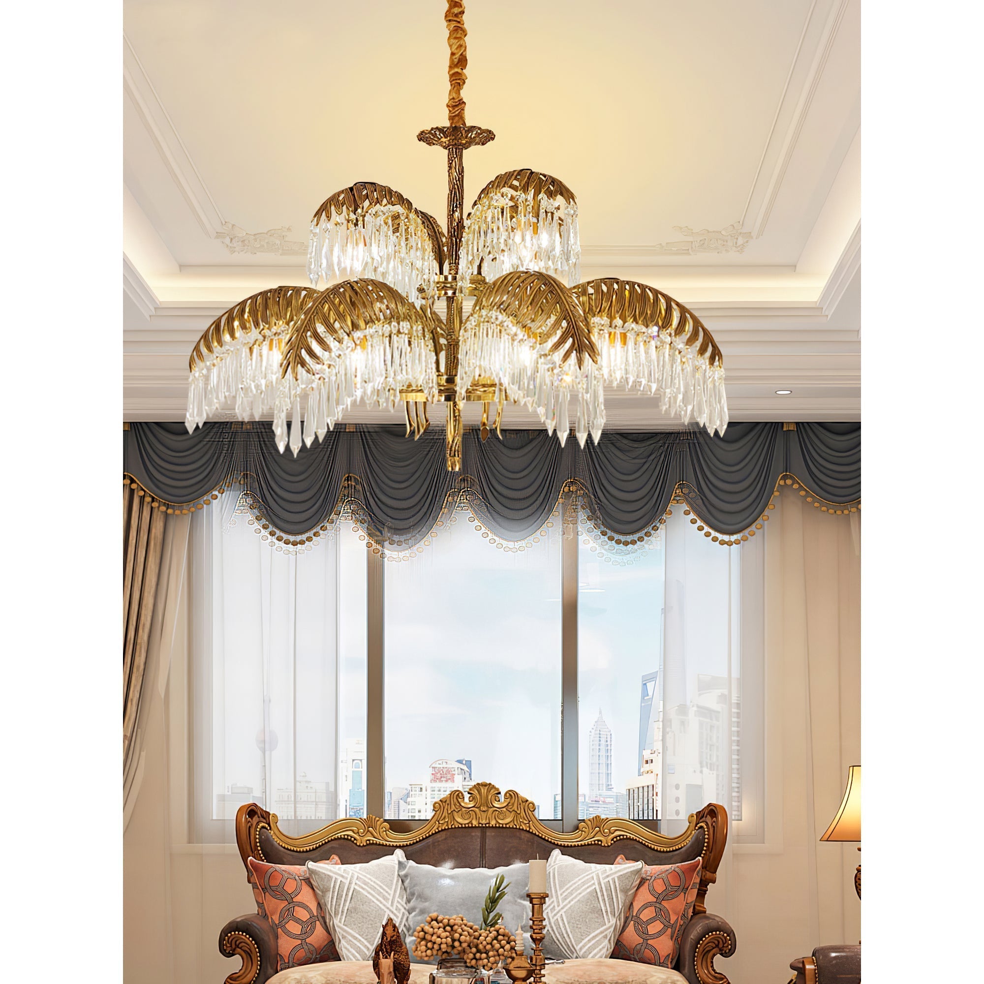 Brass Palm Leaf Crystal Chandelier detail view 62