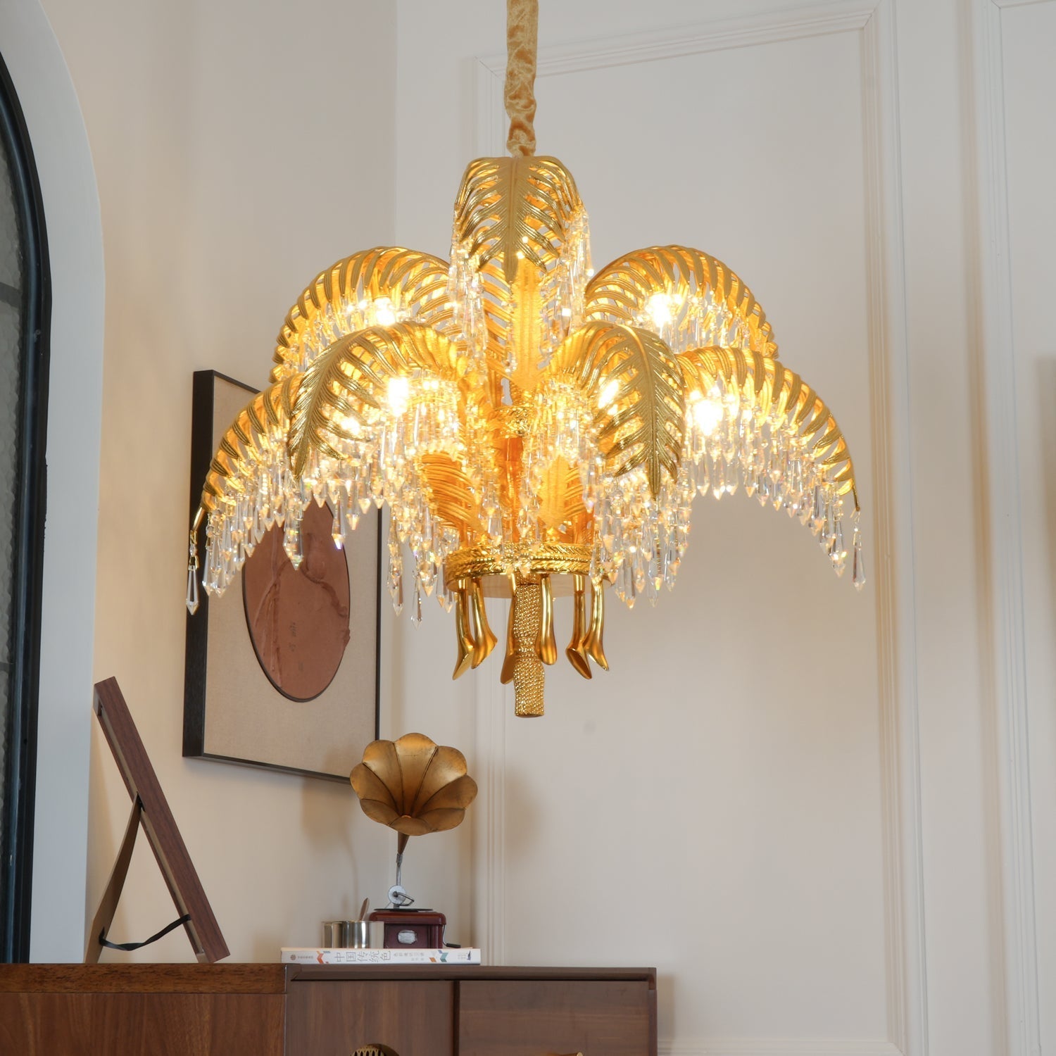 Brass Palm Leaf Crystal Chandelier detail view 5