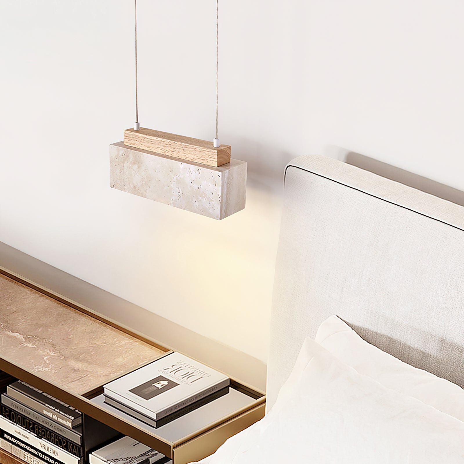 Side view of travertine pendant light for scale and shape reference