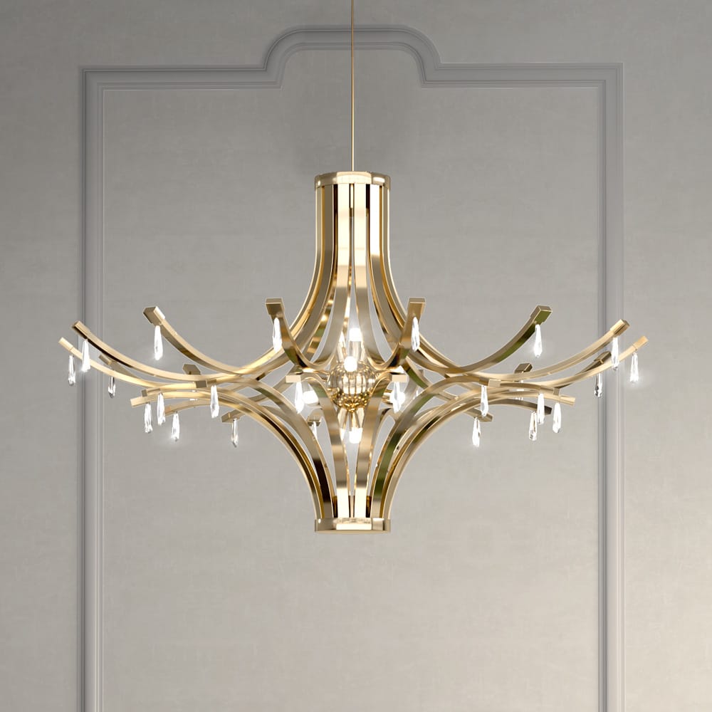 Contemporary Gold Plated Chandelier with Crystal Drops