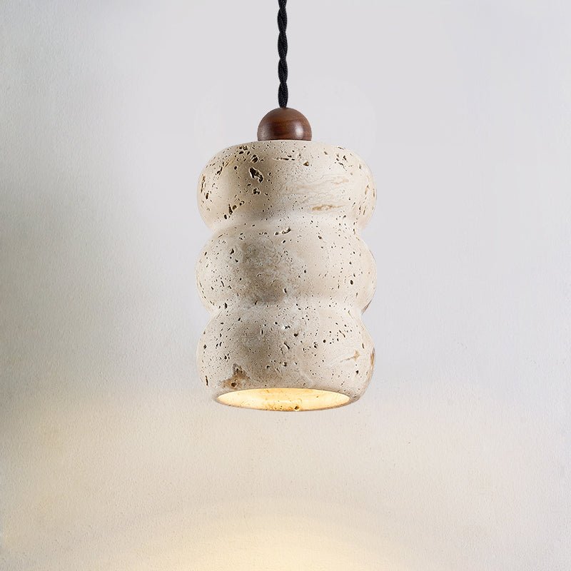 Side view of travertine pendant light for scale and shape reference