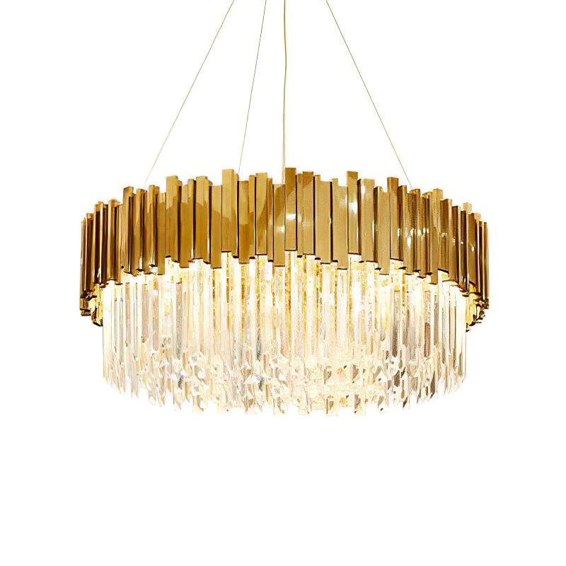 Side view of crystal chandelier for scale and shape reference