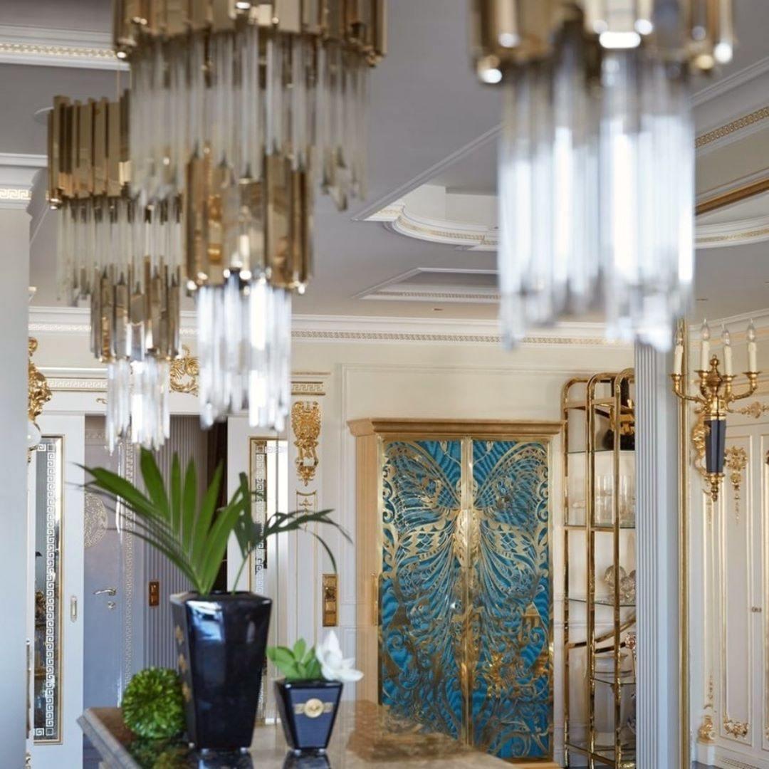 Side view of crystal chandelier for scale and shape reference