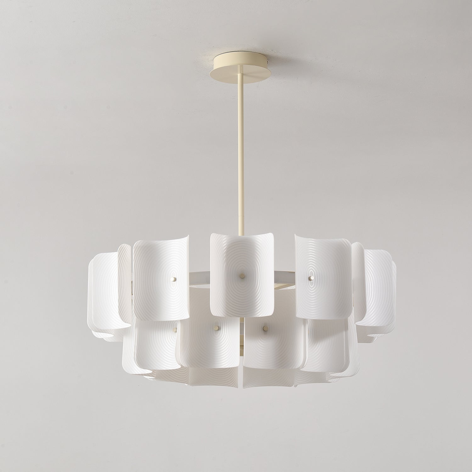 Side view of metal chandelier for scale and shape reference