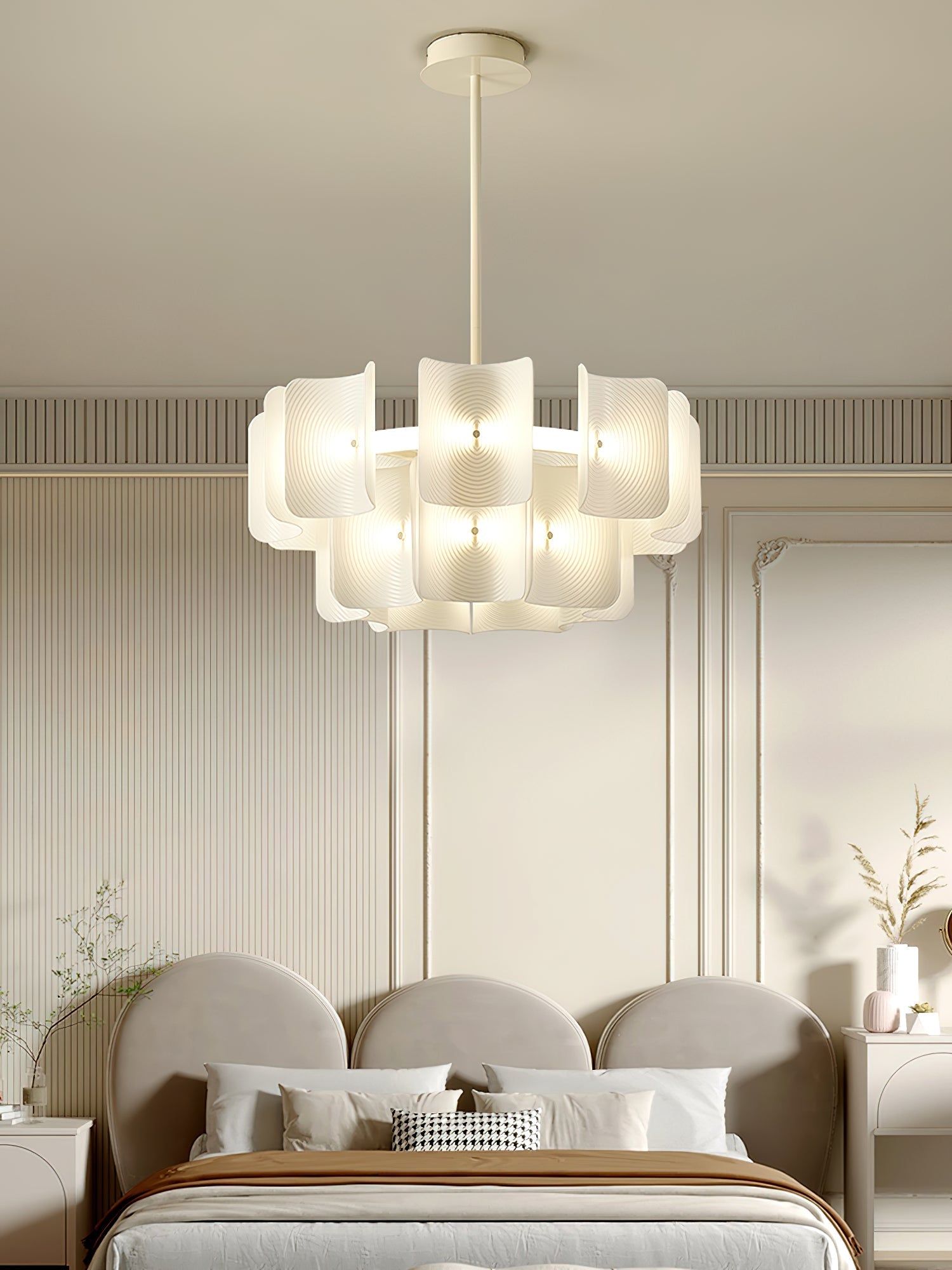 Side view of metal chandelier for scale and shape reference