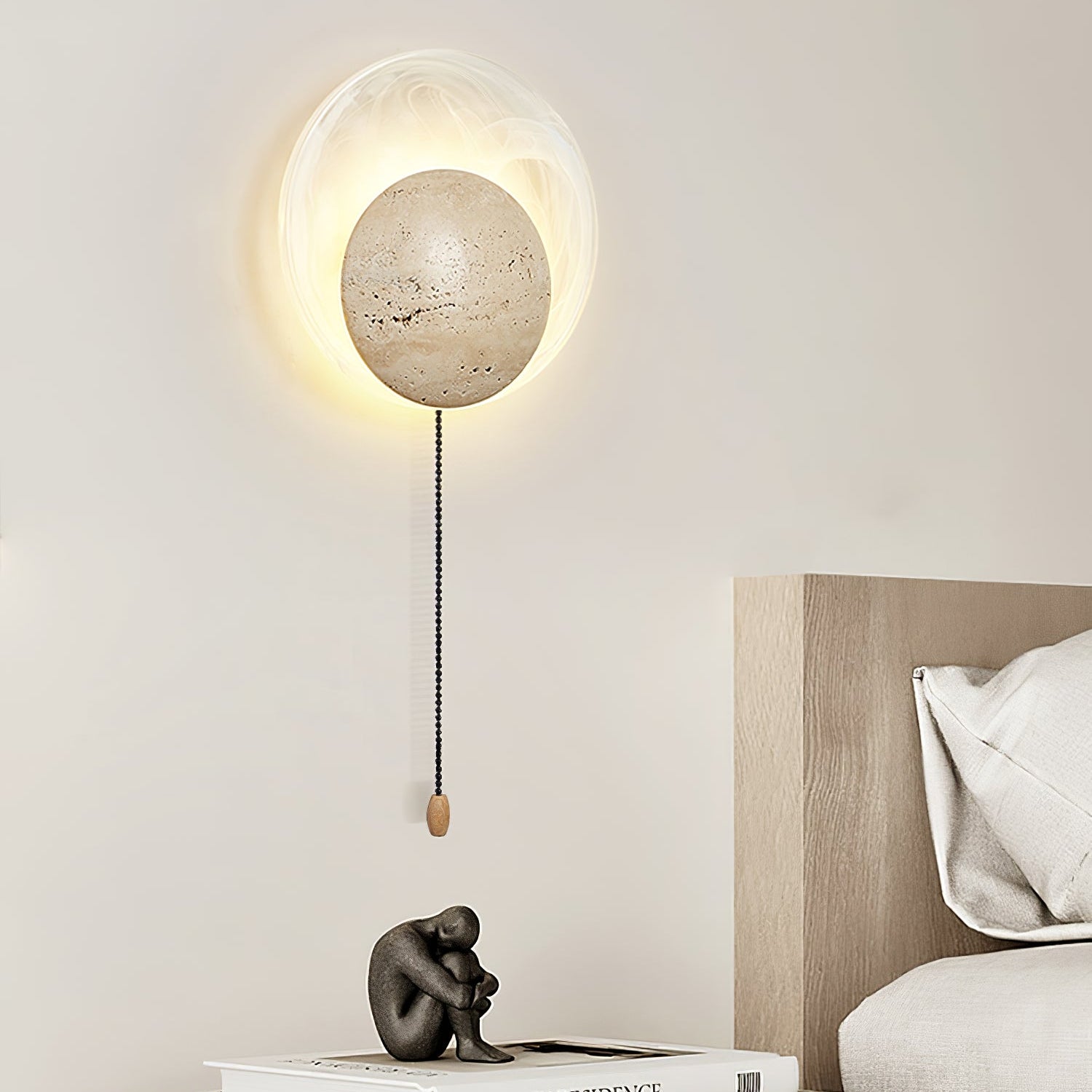 Side view of travertine lighting fixture for scale and shape reference