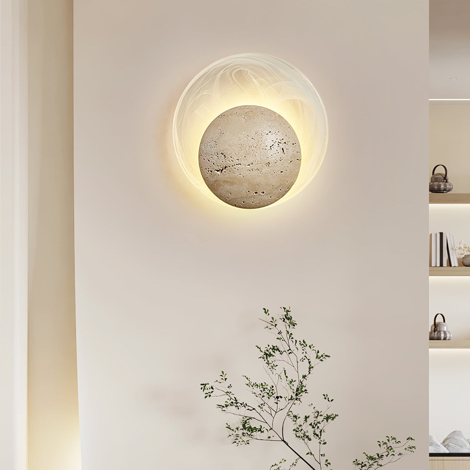 Side view of travertine lighting fixture for scale and shape reference
