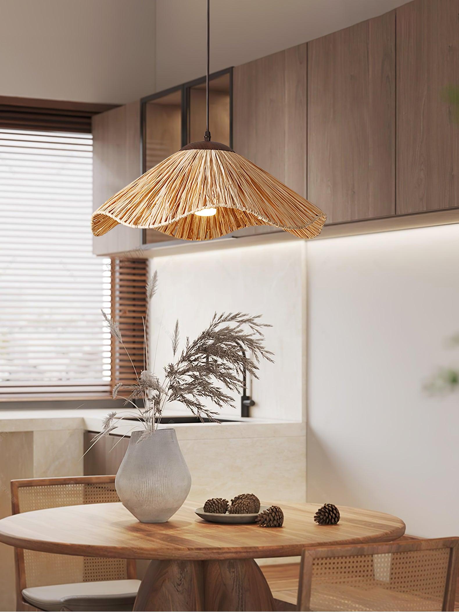 Side view of metal pendant light for scale and shape reference