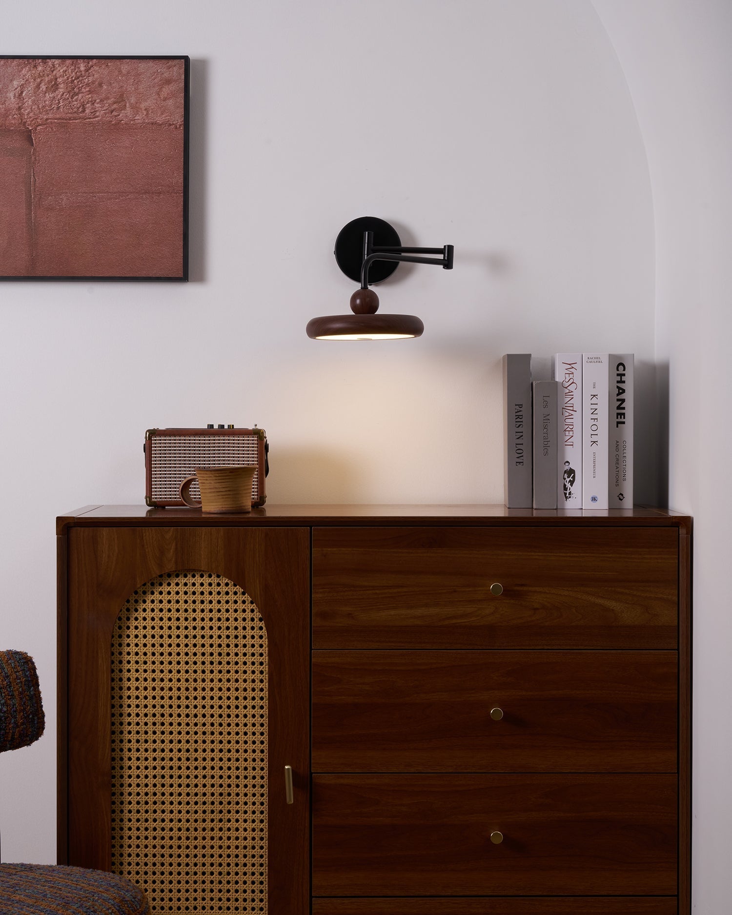 wood lighting fixture shown as a main product image for layered interiors