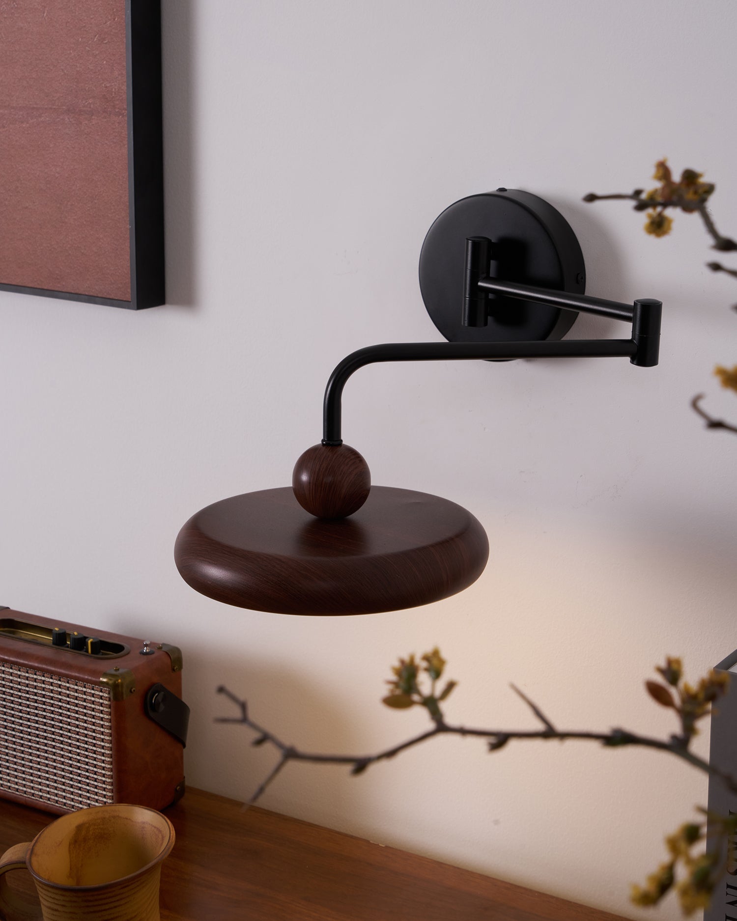 Side view of wood lighting fixture for scale and shape reference