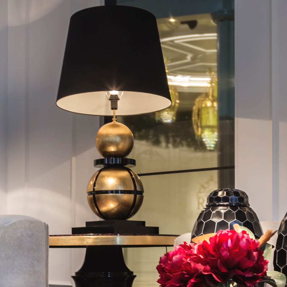 Luxurious Large Black Lacquered and Gold Leaf Orbs Lamp