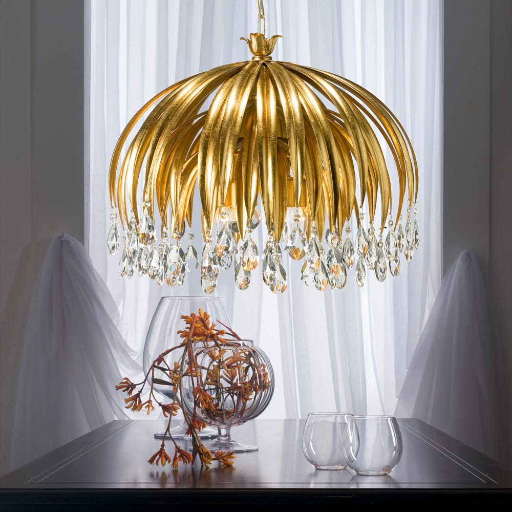 Luxury Gold Leaf Chandelier with Crystal Pendants