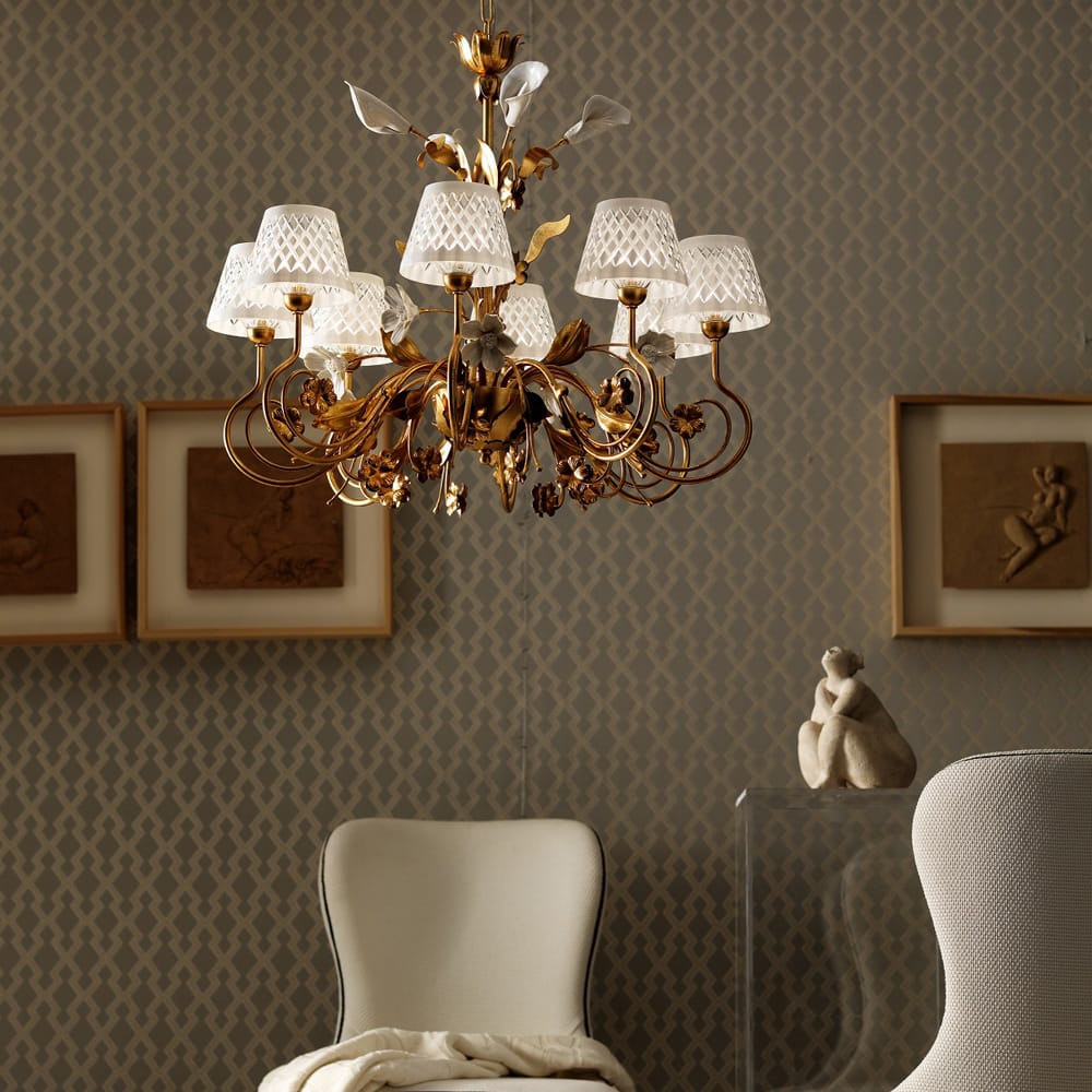 Gold Leaf Italian Chandelier with Porcelain Flower