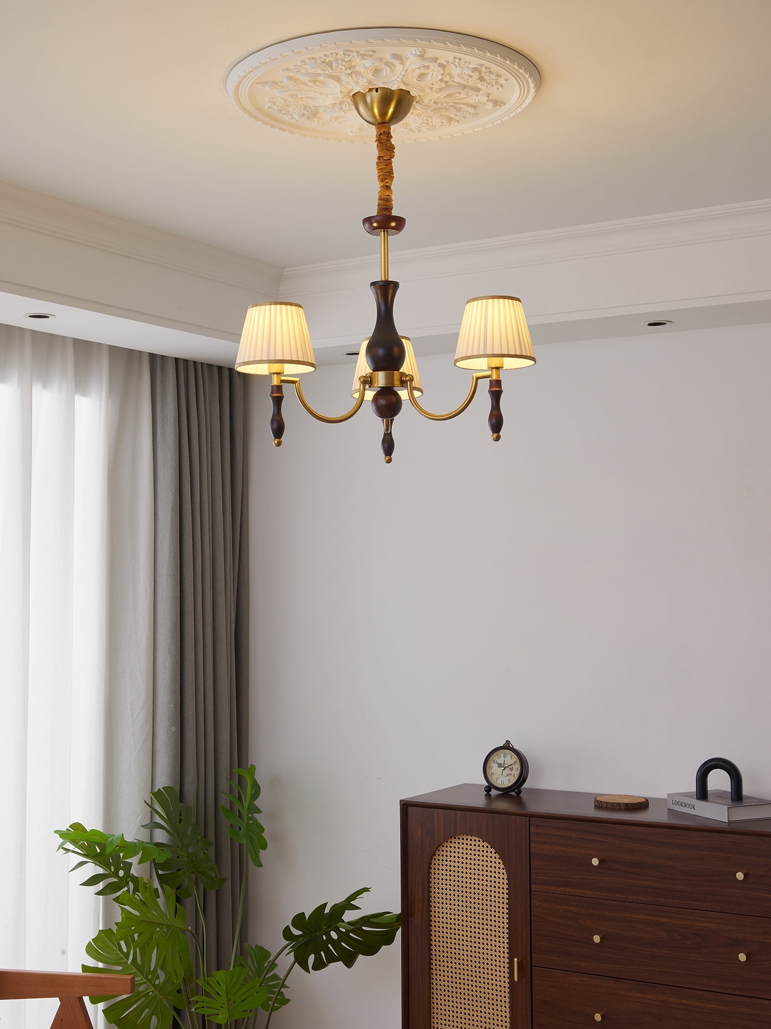 wood chandelier shown as a main product image for open living spaces