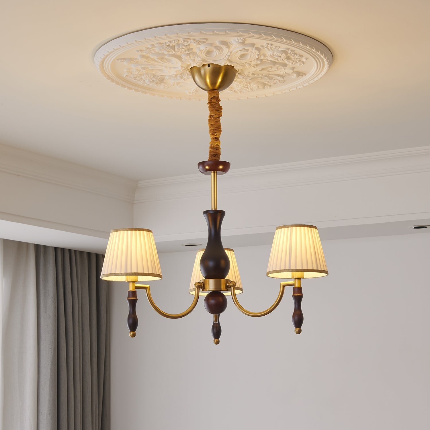 Side view of wood chandelier for scale and shape reference