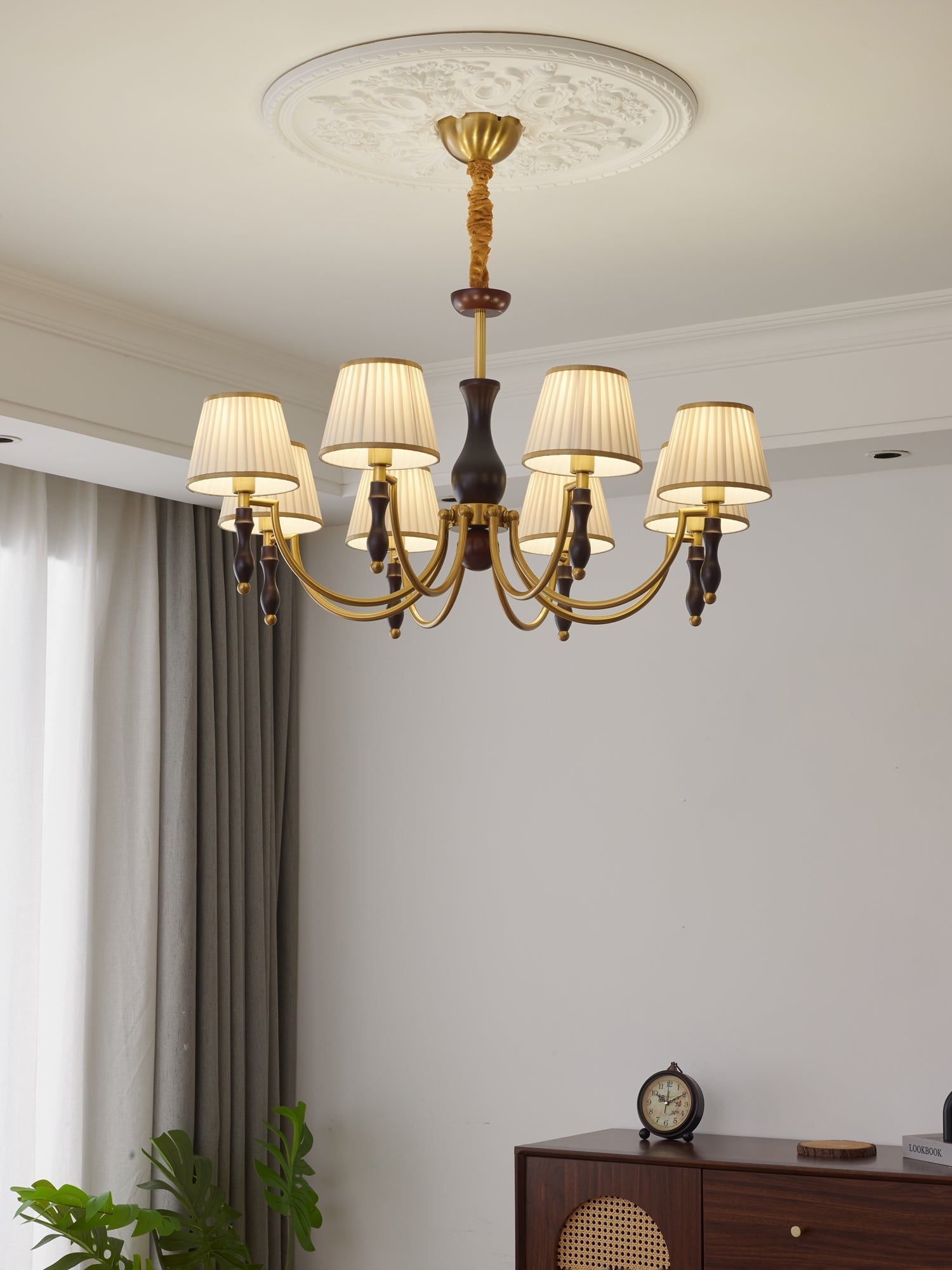 wood chandelier shown as a main product image for open living spaces