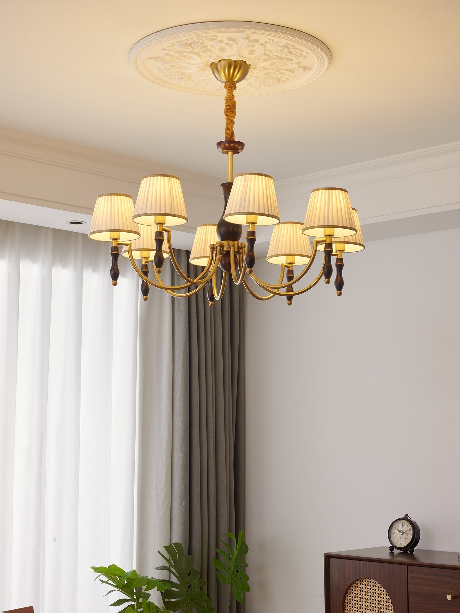 Side view of wood chandelier for scale and shape reference