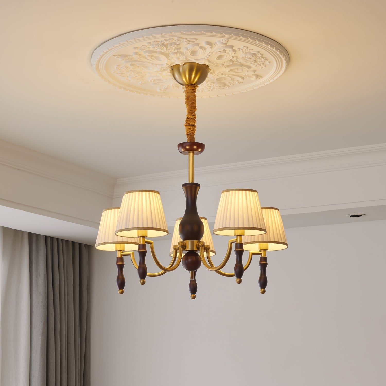 Side view of wood chandelier for scale and shape reference